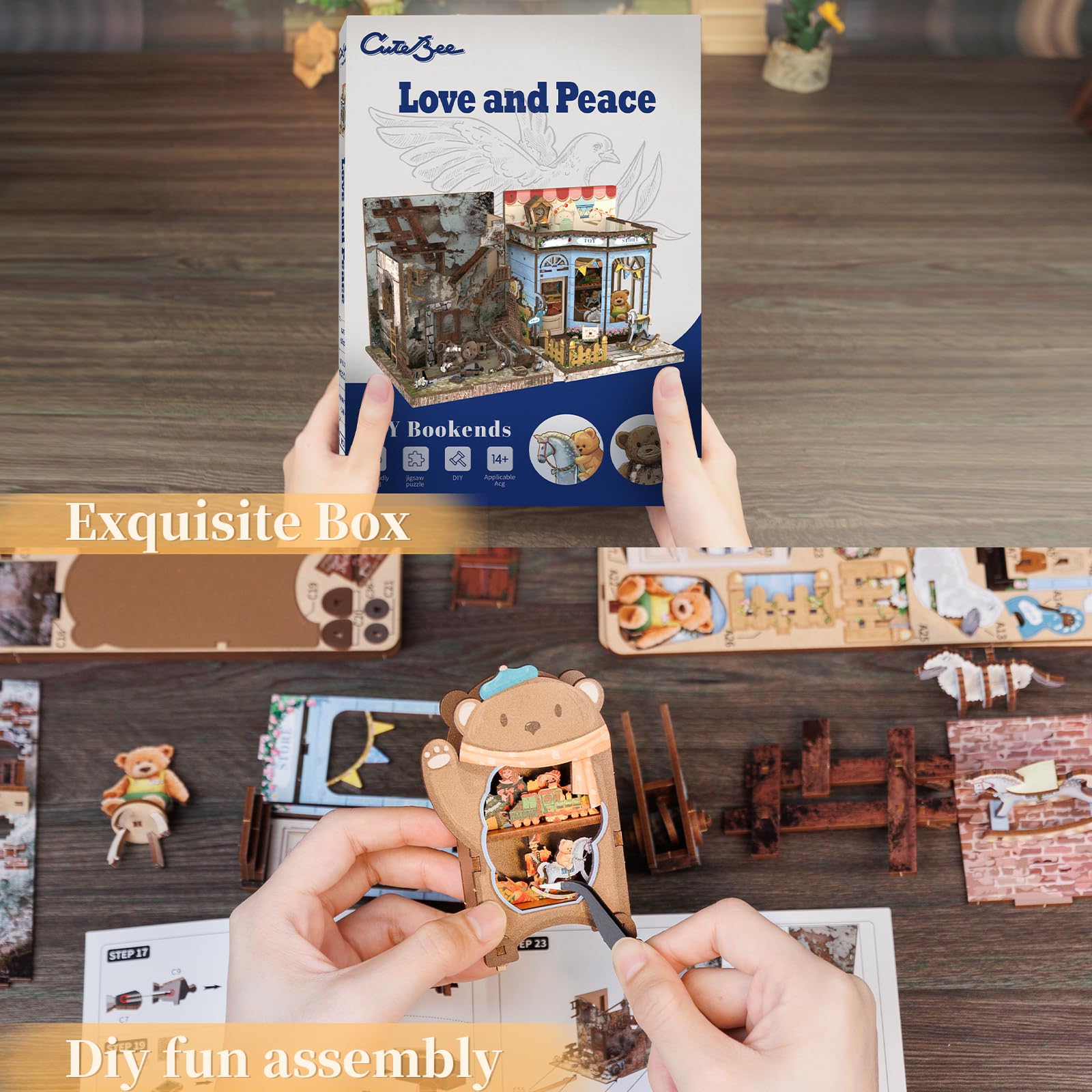 CUTEBEE Kit Book Nook - Lot de 2 serre-livres miniatures de Noël - Décoration de bibliothèque - Diorama - Kit de construction pour adultes (Love and Peace)
