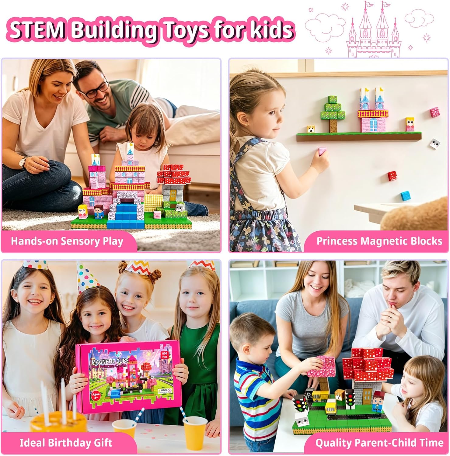 500PCS 0.8 Inch Magnetic Blocks for Kids Ages 3-8, Princess Castle Magnetic Building Cubes,Birthday Gifts for Girls Toddler STEM Sensory Montessori Toys Magnetic Blocks for Daughter image 4