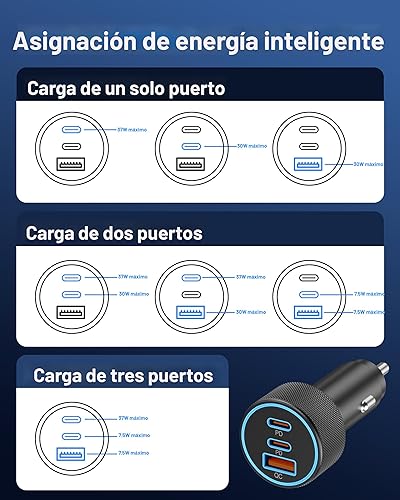 Miniatura 6 de Cargador de coche USB C, 3 puertos 67 W Dual USB-C y USB-A adaptador de corriente de coche PD/QC de carga rápida para iPhone 17/16/15/14/13/12/11