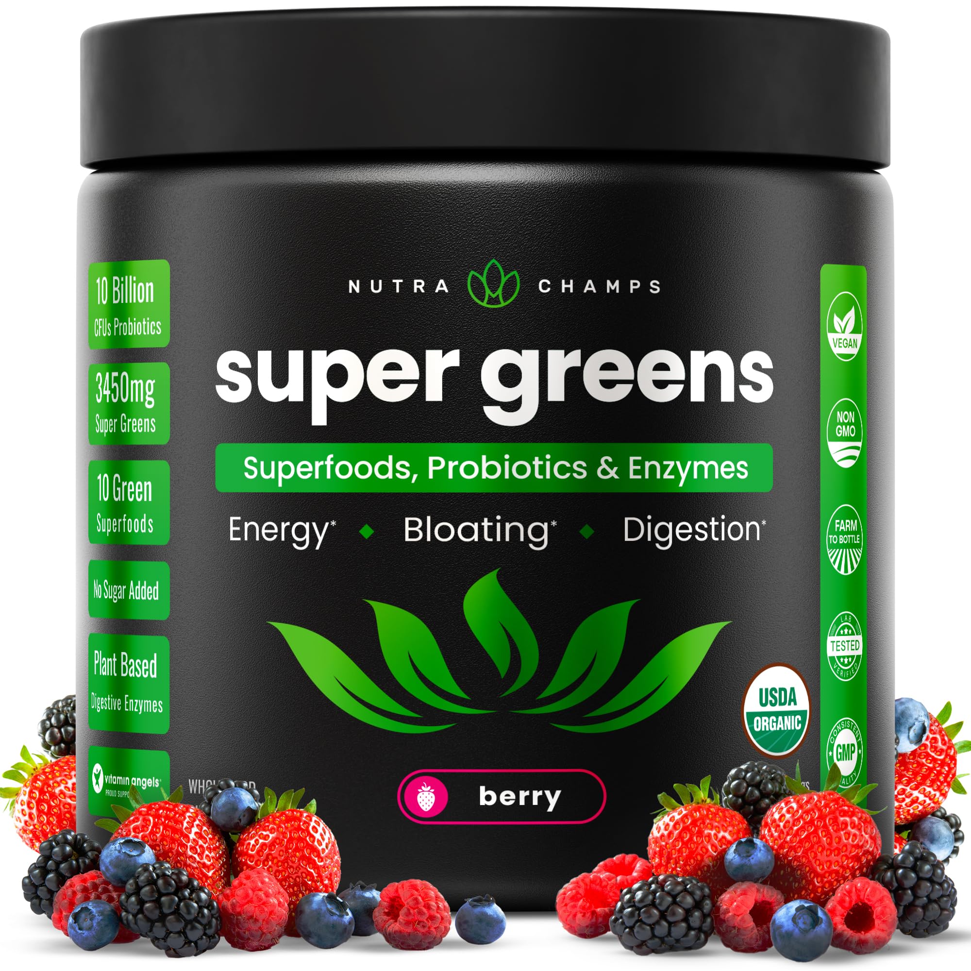 Super Greens Powder, 40+ Organic Superfoods, Probiotics & Enzymes for Energy, Digestion, Gut Health & Bloating | Organic Fruit & Veggie Drink Mix with Prebiotic Fiber, Daily Green Juice Smoothie Blend