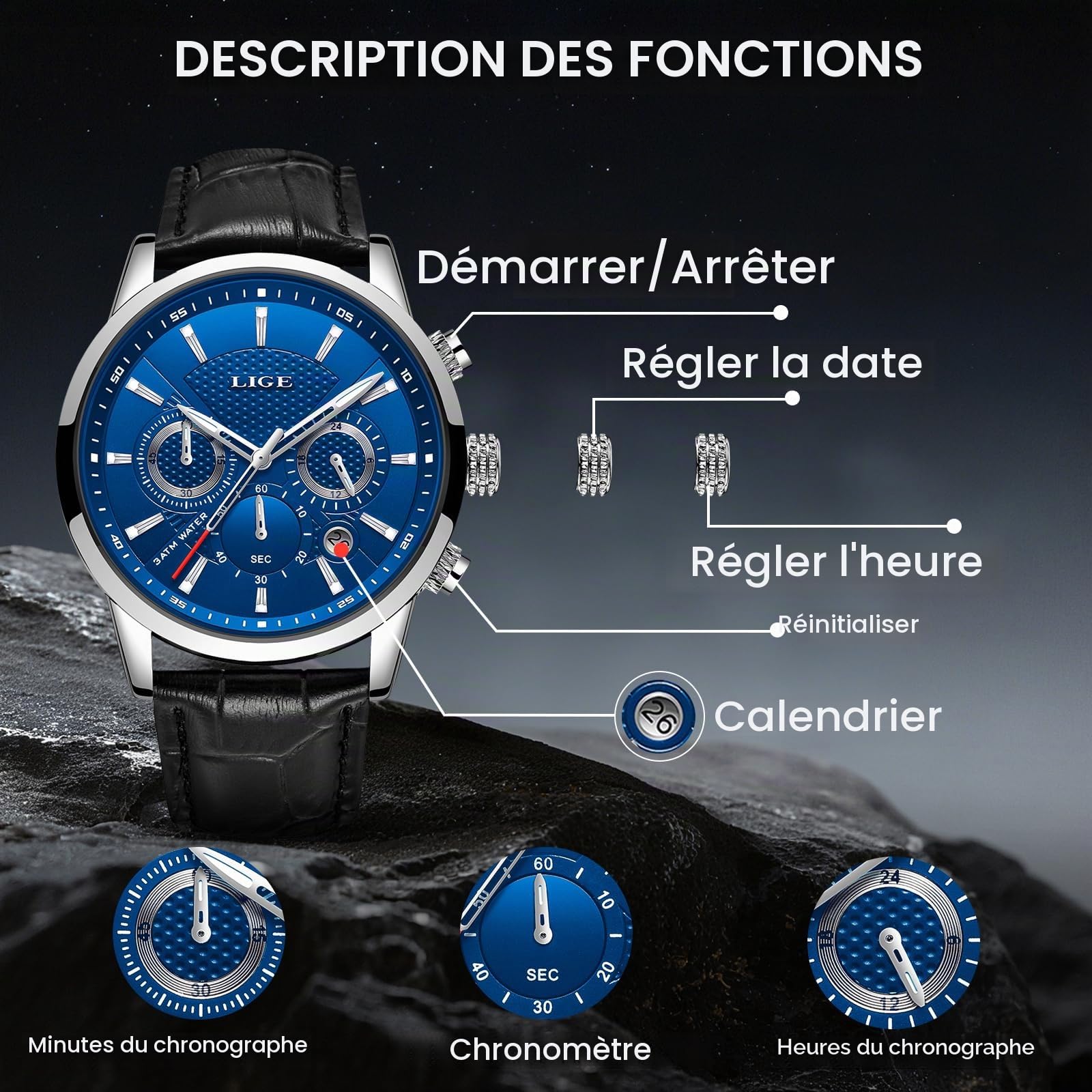 LIGE Montre Homme Chronographe 3 ATM Etanche Vintage Montres Hommes Cuir Quartz Date Aiguilles Luminescentes Business et Décontractée Waterproof Mens Watches for Men