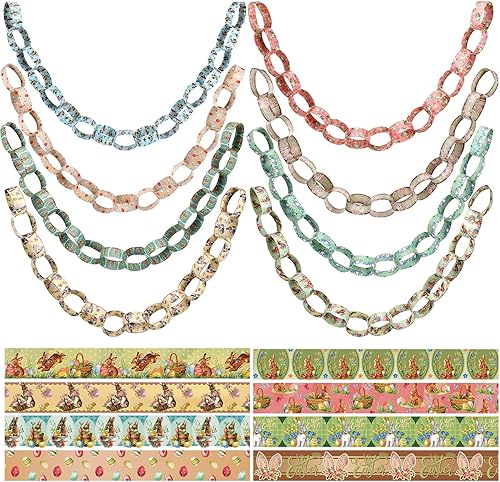 Geyee 400 cadenas de papel de Pascua, lindas tiras de papel de Pascua, estampado de huevo de conejo, tiras de cadena de papel para manualidades,