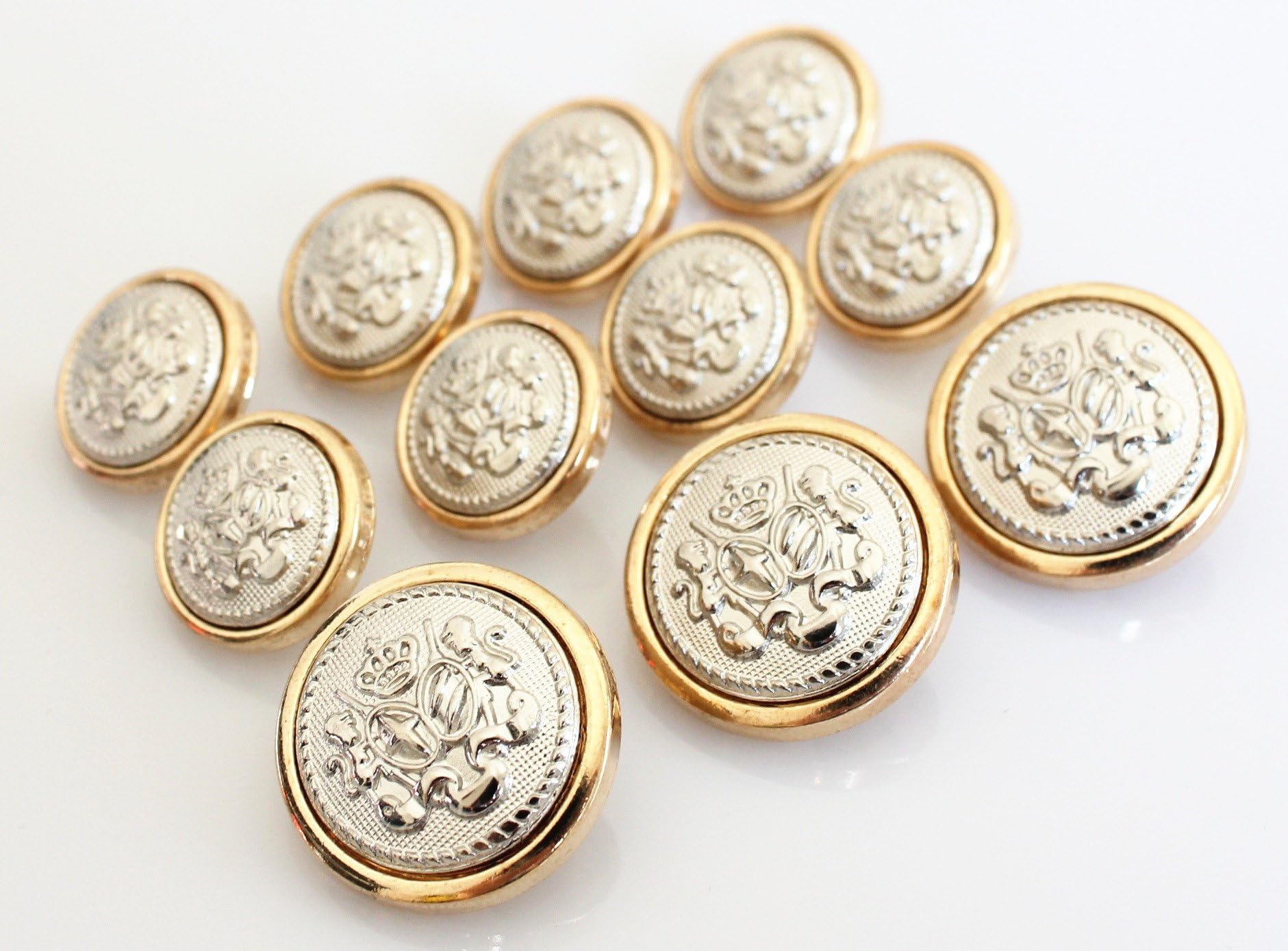 11 Pieces Polished Gold with Inlaid Silver Metal Lion Stallion Royal Crest Shank Style Sport Coat Blazer Button Set