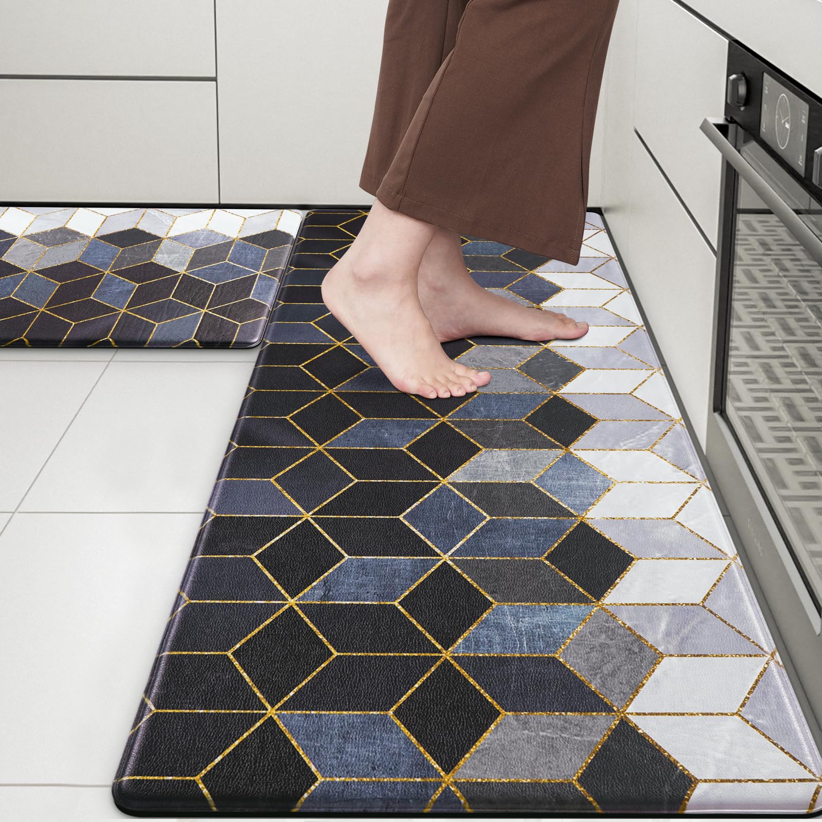 ASPMIZKitchen Mats for Floor 2 Piece Modern, Anti Fatigue Mat for Kitchen Floor, Waterproof Kitchen Rugs Non Slip Washable, Cushioned Kitchen Mats Rug for Office Sink, 17'' x 47'' + 17'' x 30''