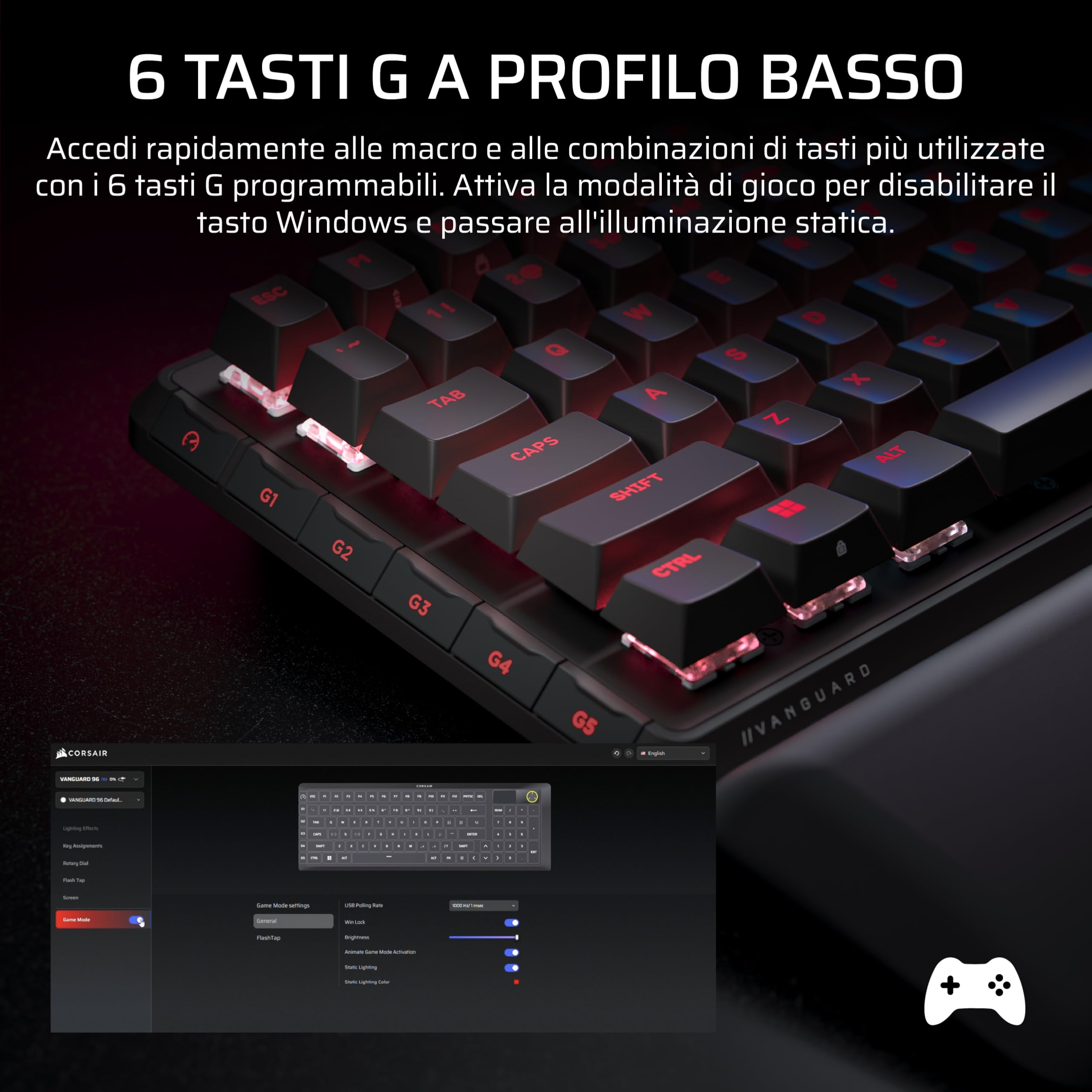 CORSAIR VANGUARD 96 Tastiera Meccanica da Gioco con Cavo – Nero | Layout al 96%, interruttori lineari MLX Plasma, polling a 8000 Hz, display LCD, Virtual Stream Deck, SOCD Flashtap, QWERTY IT