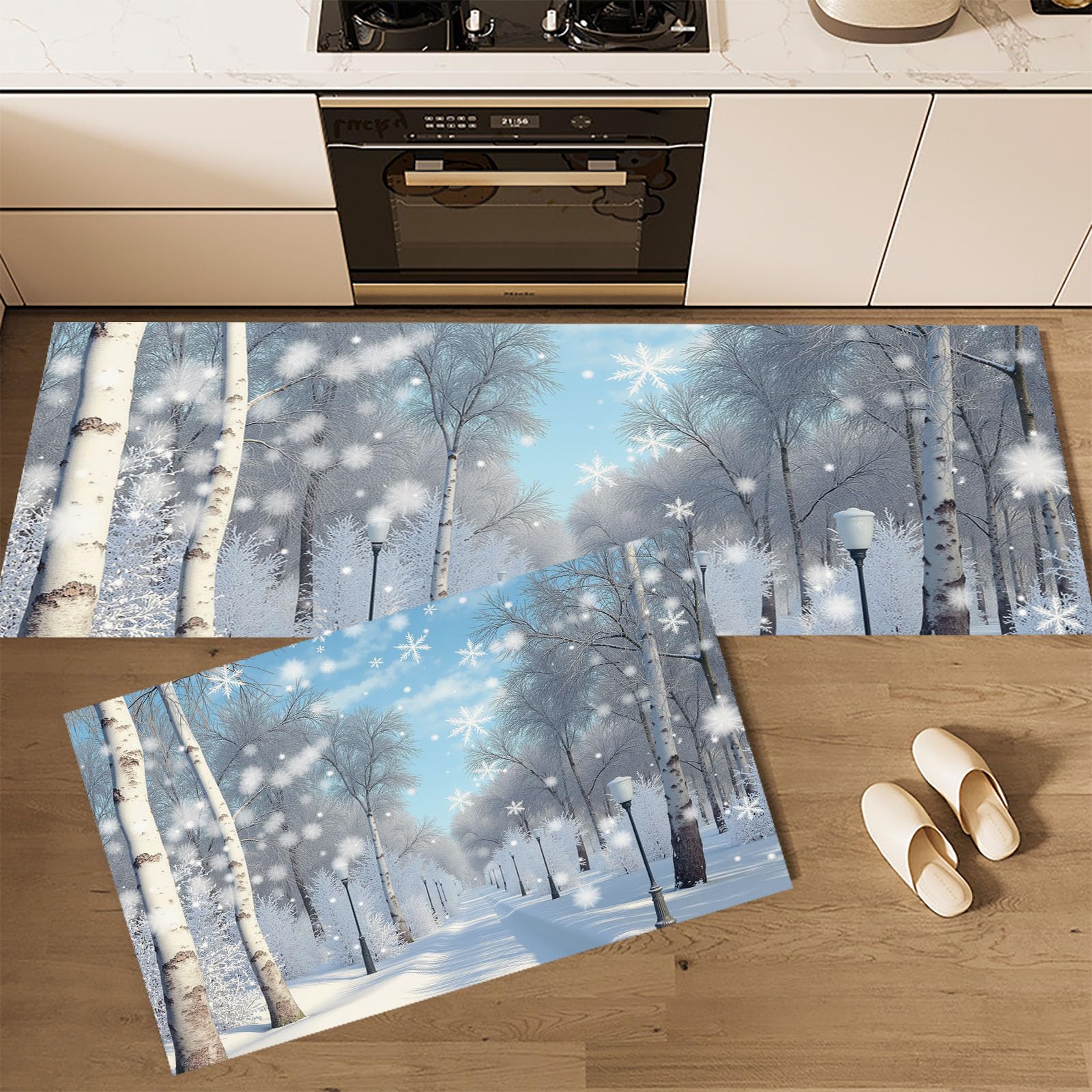 Tappetini da cucina 2 pezzi, Tappeto Cucina Antiscivolo, Realismo invernale Foresta di betulle innevata Tappeti da Cucina, lavabile, Adatto per corridoi, cucine, bagni, 50x80+50x150cm, Bianco