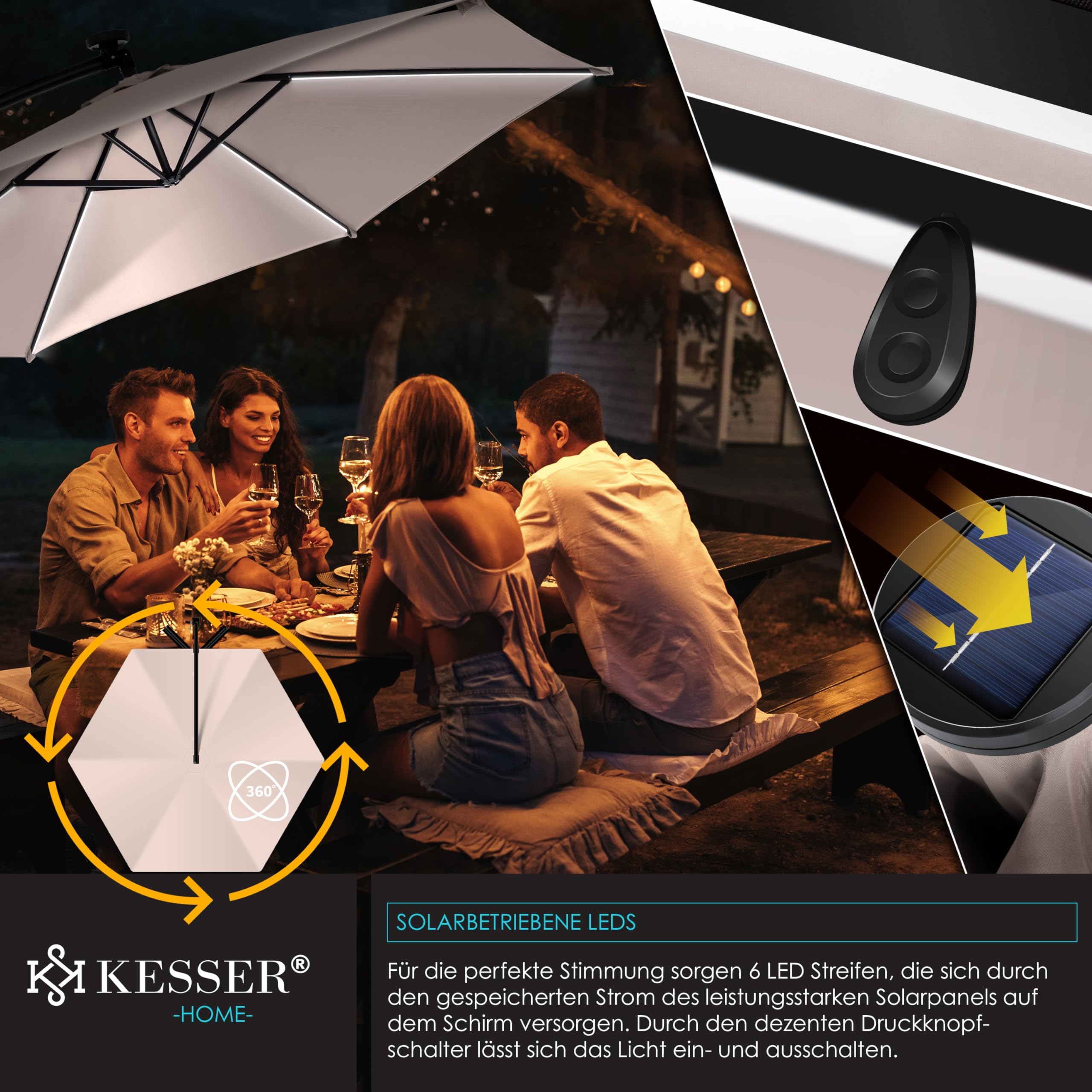 KESSER® ombrellone semaforico in alluminio ombrellone LED solare Ø300 cm / Ø350 cm + copertura con meccanismo a manovella con interruttore on/off protezione UV ombrellone idrorepellente in alluminio