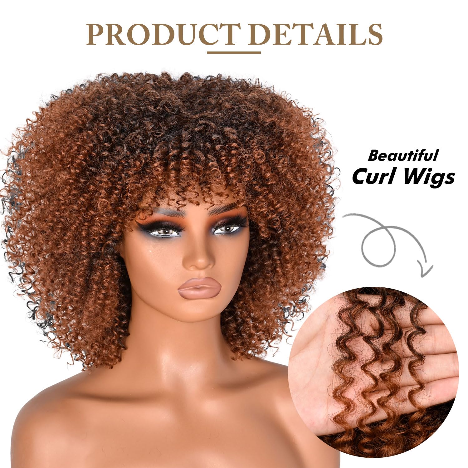Lizzy 10 Inch Afro Curly Wigs for Black Women Synthetic Afro Wig with Bangs Heat Resistant Short Kinky Curly Wigs for Cosplay and Daily (Black to Brown) - Image 4