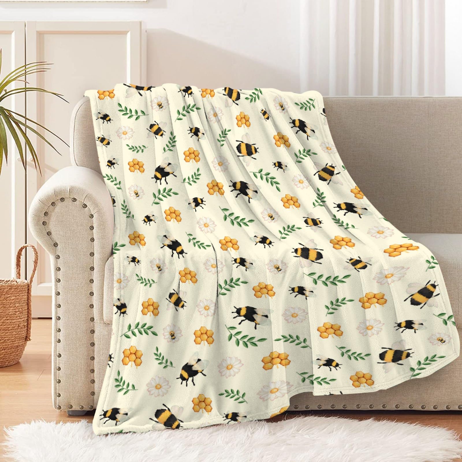 Bee Sunflower Blanket Lightweight Flannel Throw Blanket Gifts for Girls in All Season Blanket for Bed/Couch/Sofa 50