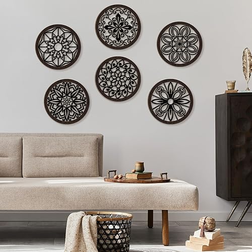 Miniatura 3 de Ferraycle 6 piezas gruesas rústicas de decoración de pared de granja, arte redondo de madera, decoración colgante hueco tallado para sala de estar,