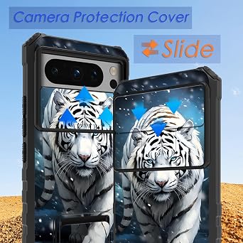 for Google Pixel 8 Pro Case with Slide Camera Cover and Built-in Kickstand,Military Grade Shockproof Bumper Protective Black Cover for Google Pixel 8 Pro,White Tiger