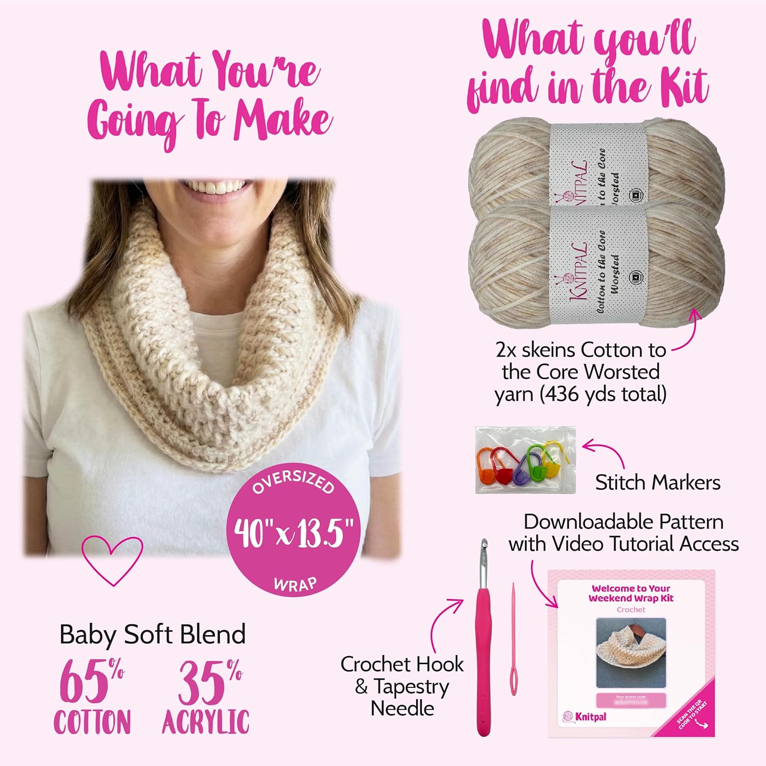 KnitPal Crochet Weekend Wrap Kit for Confident Beginners – All-in-One Crochet Kit with Cotton Blend Yarn, Hook, Pattern & Video Tutorials (Pearl White)