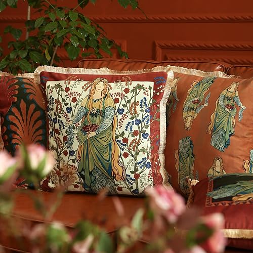 Miniatura 9 de patdrea Fundas de almohada de terciopelo rojo vintage de 18 x 18 pulgadas, patrón floral de personajes de civilización antigua, fundas de almohada