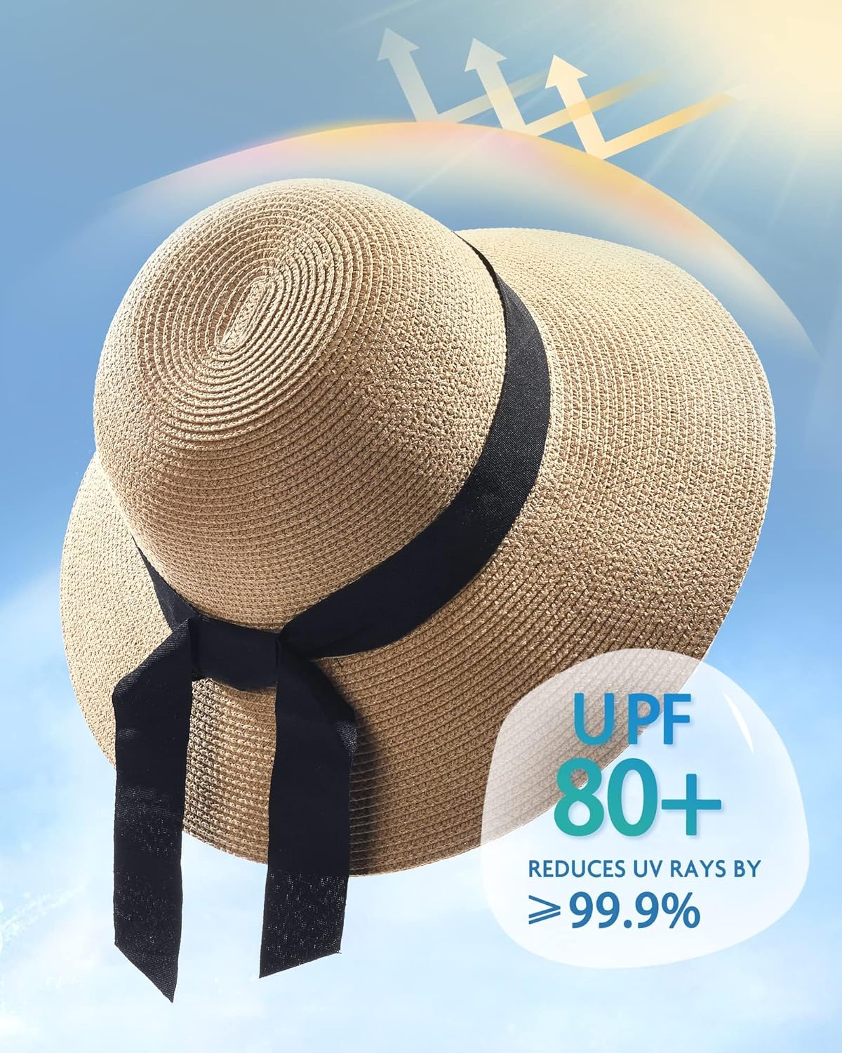 FURTALK Womens Beach Sun Straw Hat UV UPF 80+ Travel Foldable Brim Summer UV Hat - Image 2