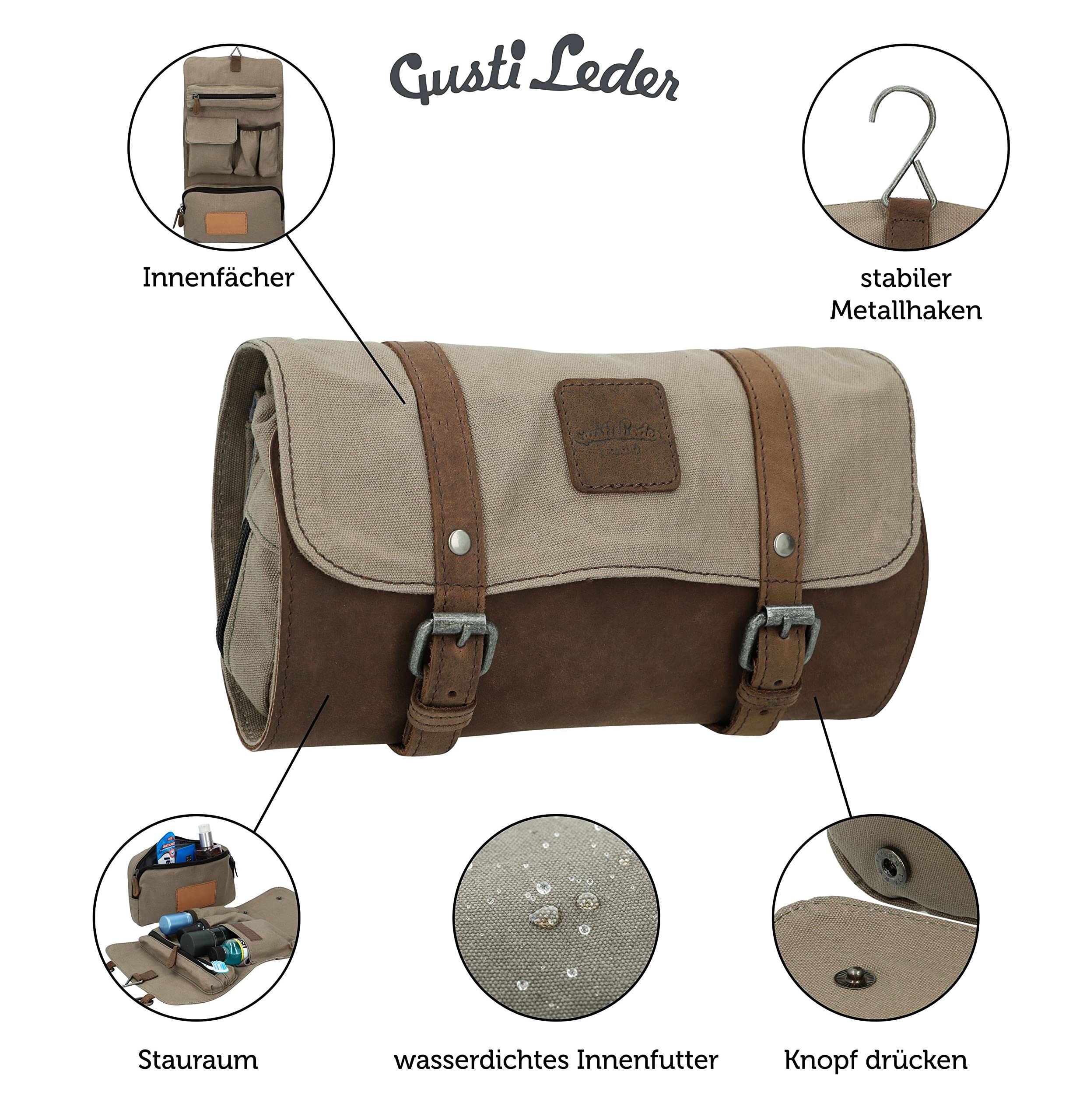 Gusti Waschtasche Leder - Rodney Damen und Herren Kulturtasche zum Aufhängen Kosmetiktasche Kulturbeutel Reise Schminktasche Organizer Toilettenartikel Canvas Khaki Leder