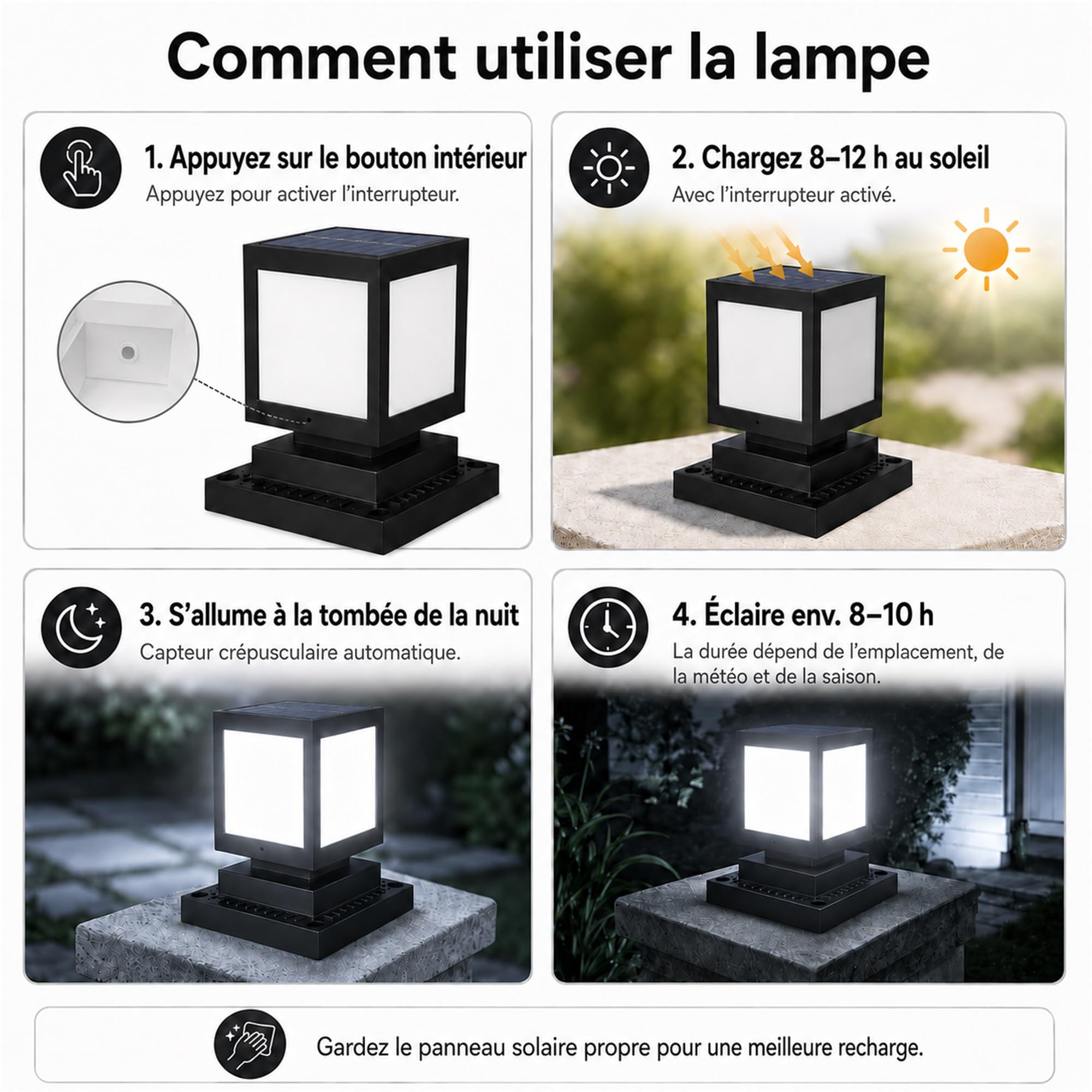 Borne Solaire Extérieur Jardin Potelet LED IP45 6000K Noir