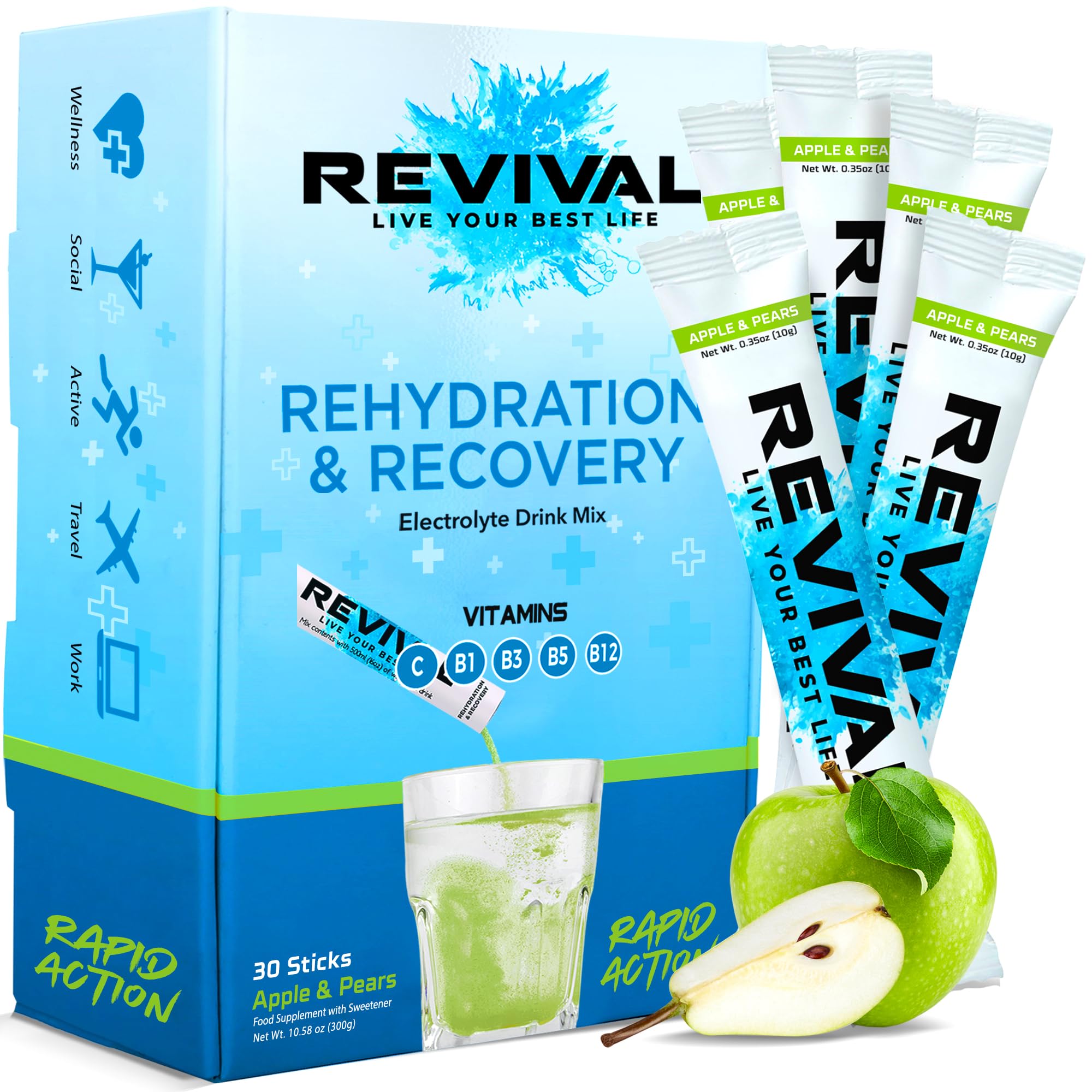Revival Rapid Rehydration Electrolytes Powder - High Strength Vitamin C, B1, B3, B5, B12 Supplement Sachet Drink, Effervescent Electrolyte Hydration Tablets - 30 Pack Apple Pear