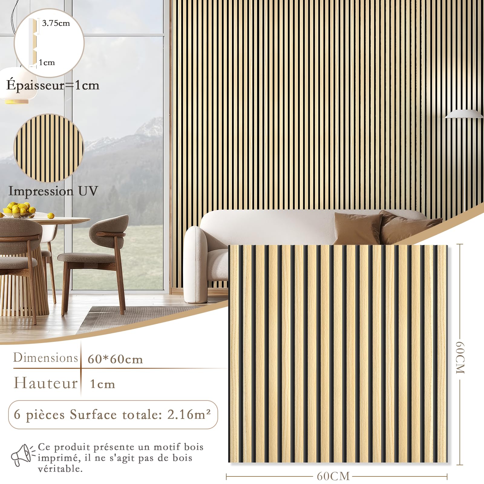 JBER Lot de 6 Panneaux Acoustiques Muraux, Mousse Acoustiques Autocollante pour Murs, Panneau Mural Decoratif (sans Bois), pour les Studios d'enregistrement, 60×60×1Cm, Chêne Naturel