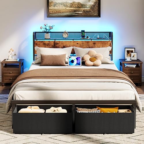 Furnulem Queen Size Bed Frame with Headboard Storage, Platform Bed Frame Queen Size with 4-Leg High Strength Headboard, 2 Drawers, Charging Station and LED Lights, No Box Spring Needed, Noise Free