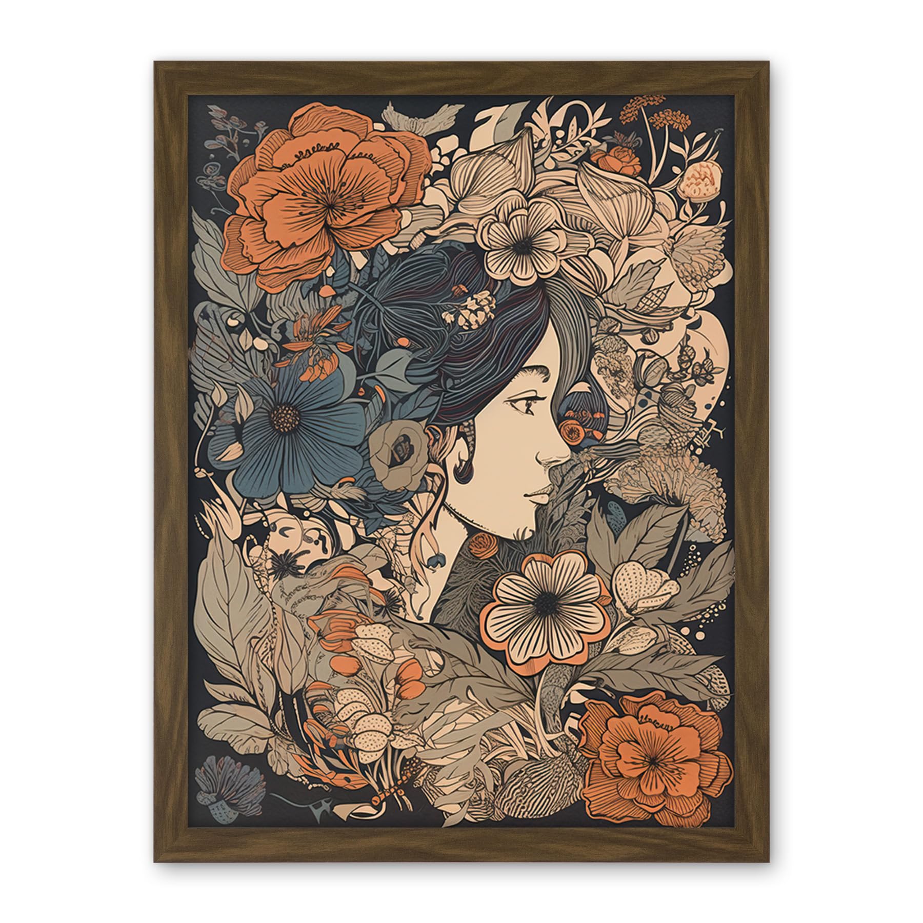 Artery8 Woman Floral Profile Portrait Boho Art Nouveau Artwork Framed Wall Art Print 18X24 Inch
