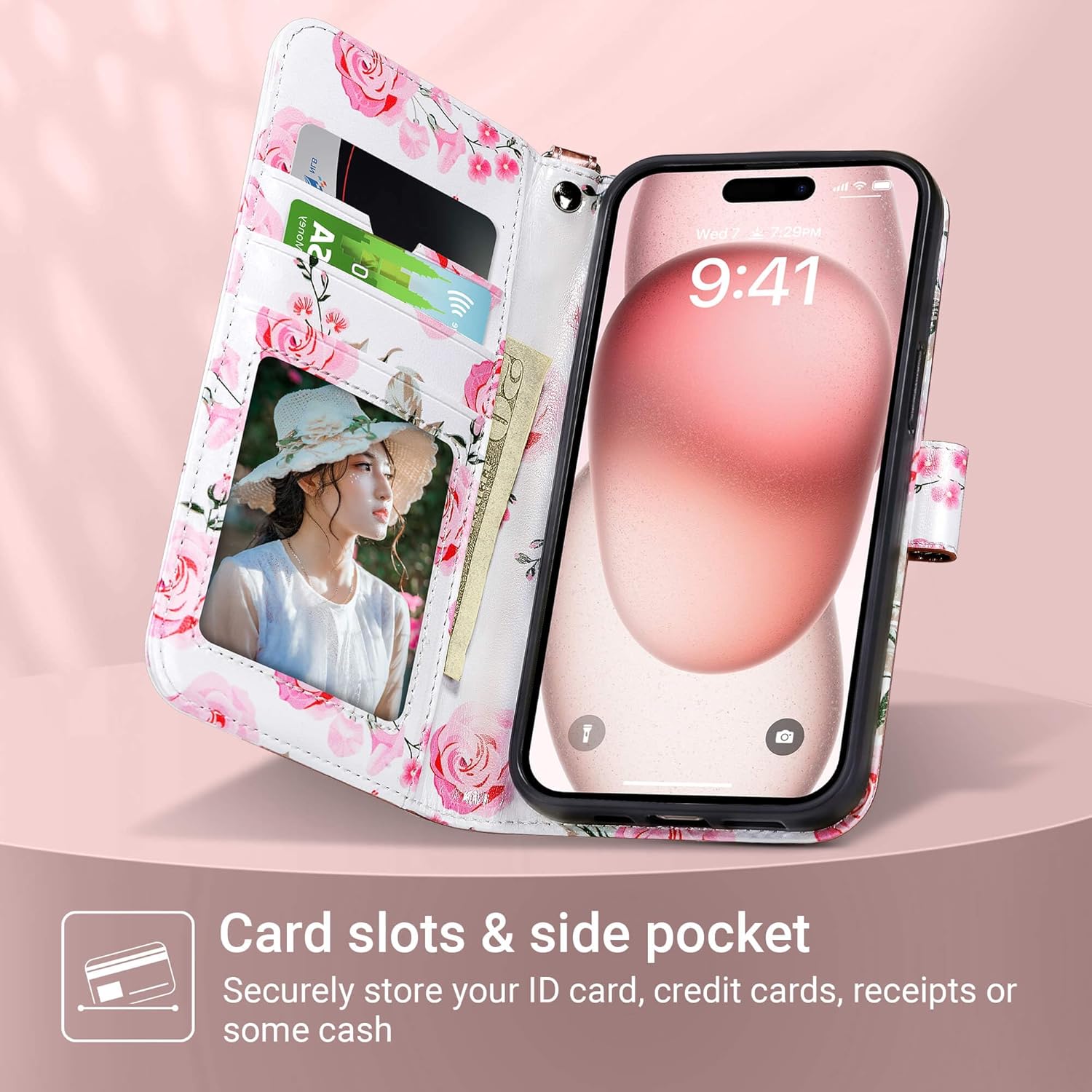 ULAK Compatible with iPhone 15 Wallet Case for Women, Premium PU Leather Floral Flip Cover with Card Holder, Kickstand Feature Protective Purse Case for iPhone 15 2023 6.1 Inch, Rose Gold - Image 2