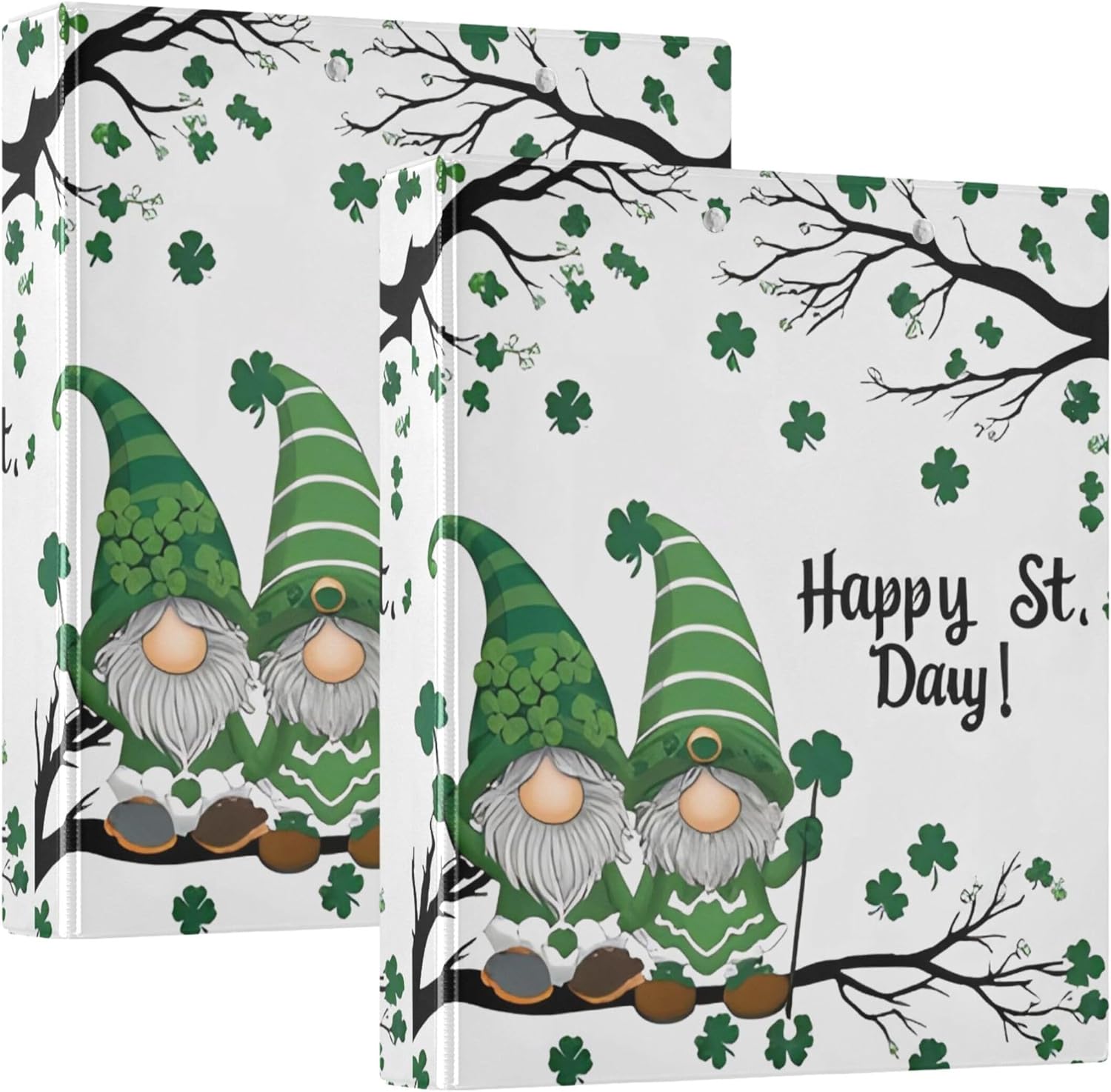 St. Patrick's Day Pixie 3 Ring Binders, 1.5” Round Ring Binders with Clipboard - Letter Size, 3 Interior PVC Clear Pockets & Anti-Slip Clip for Office School Supplies, 2PCS