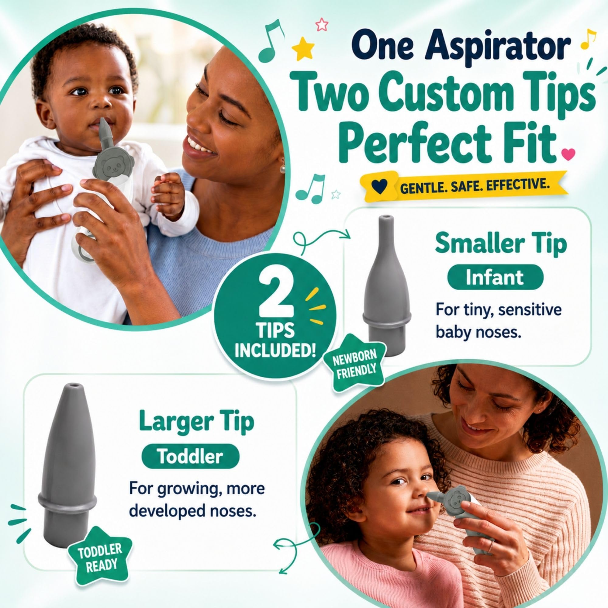 Aspiratore nasale elettrico per bambino, con ventosa per il naso con design adatto ai bambini, 5 livelli di aspirazione fino a 70 kPa, LED lenitivo e musica, coperchio rimovibile, impermeabile IPX7