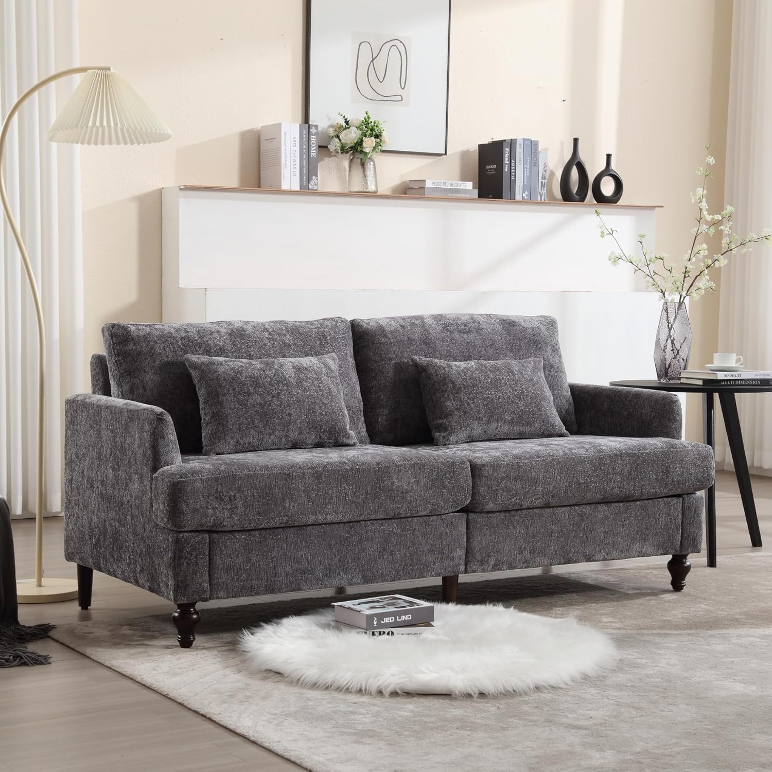 Chenille Modern Loveseat Couch Sofa 68" Black Cloud Futon Couch with Armrest,2 Pillows,Wood Leg Comfy Upholstered 2 Seater Sofa Couches for Living Room Small Space Bedroom Apartment