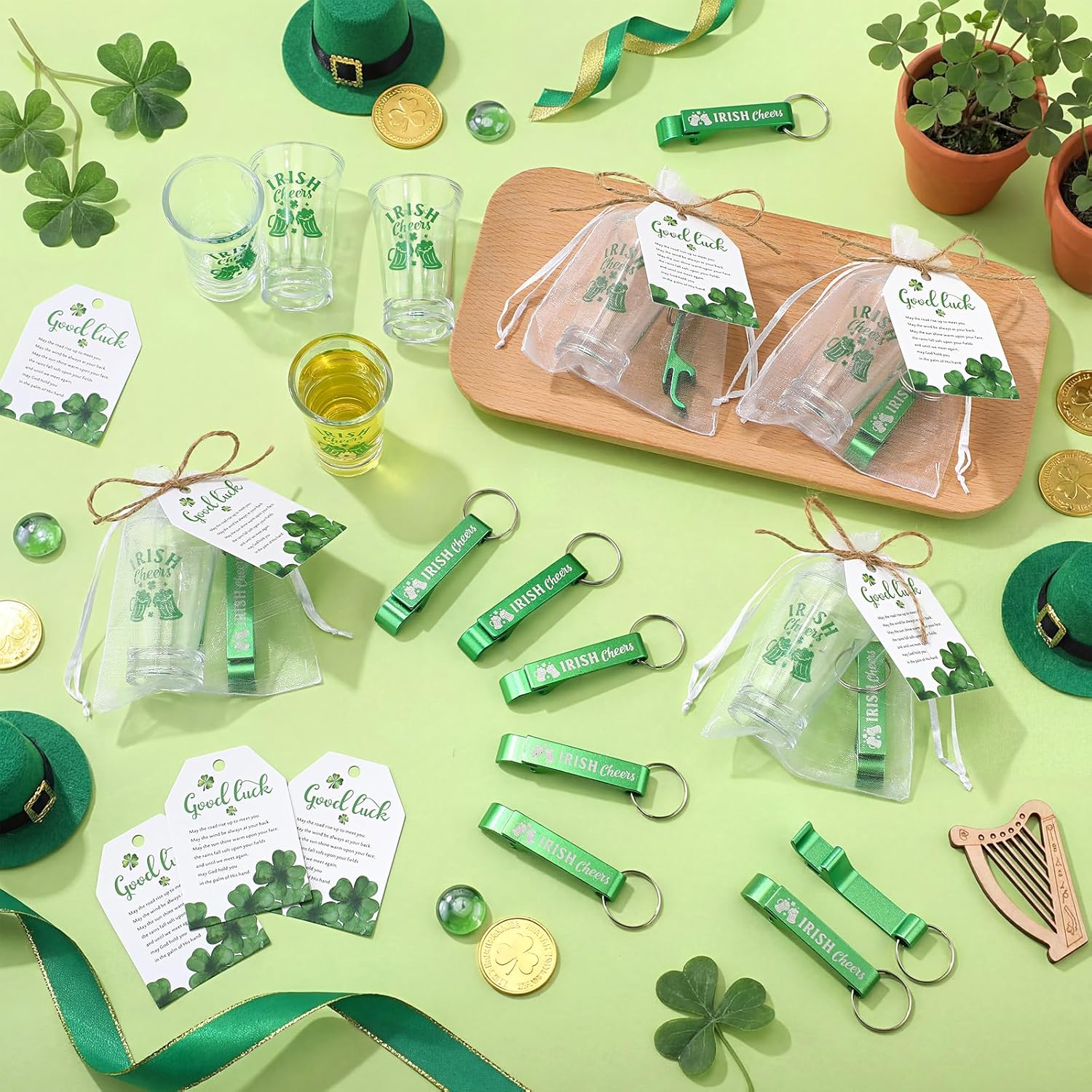 Roshtia 36 Sets St Patricks Day Gifts for Guests Bulk Irish Cheers Shot Glasses Bottle Opener Keychain with Good Luck Card and Organza Bag St Patricks Day Favors for Friend Coworker (Acrylic)