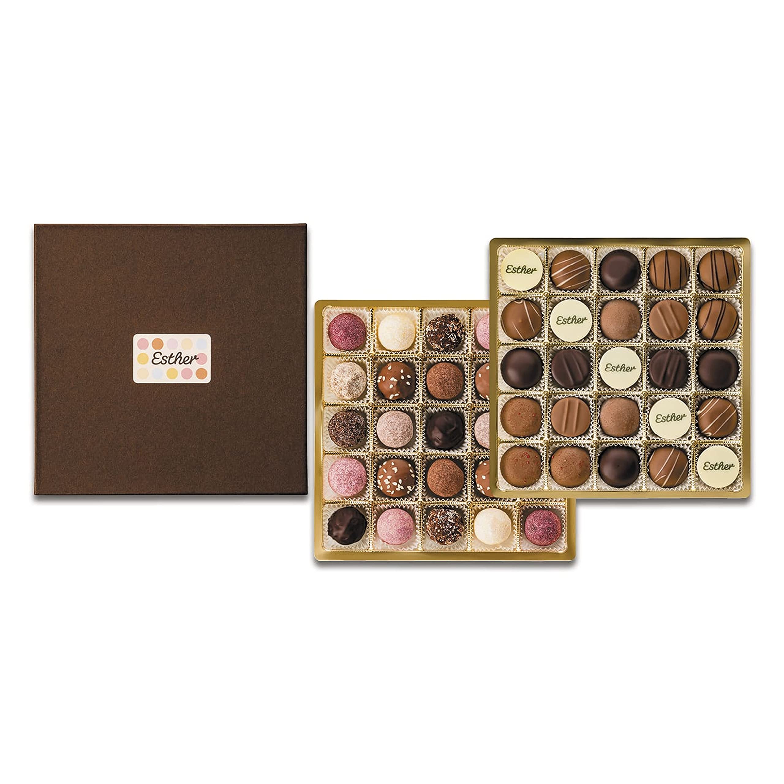 Esther Edle Präsentpackung 620g | 50 Pralinen und Trüffel in verschiedenen Sorten mit Alkohol | Geschenk für Weihnachten, Ostern, Vatertag, Muttertag, Mama, Papa, Oma, Opa oder Mitarbeitergeschenk
