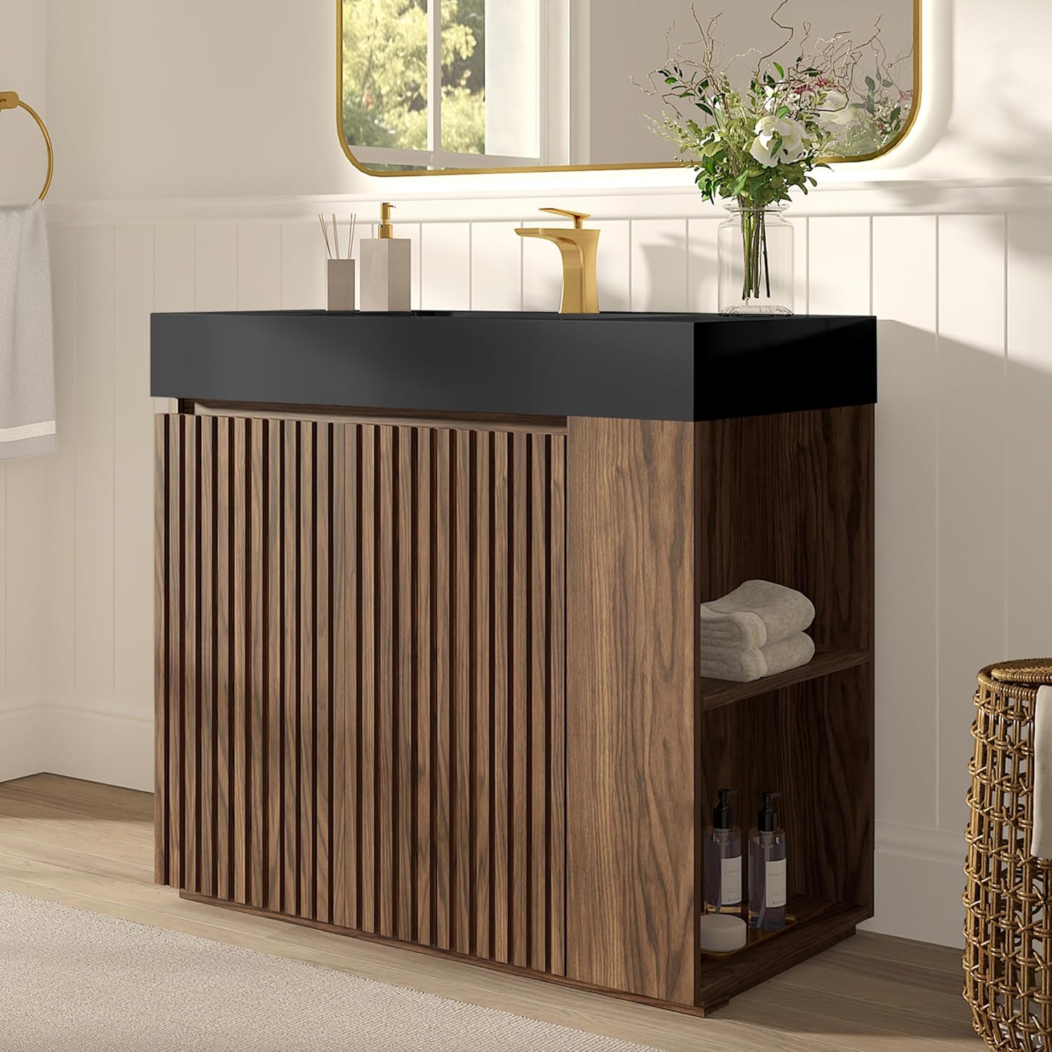 36" Bathroom Vanity with Sink, Freestanding Single Sink Bathroom Vanity with Black Engineered Stone Top & Open Side Storage, Soft-Closing Doors with Adjustable Shelf, Walnut