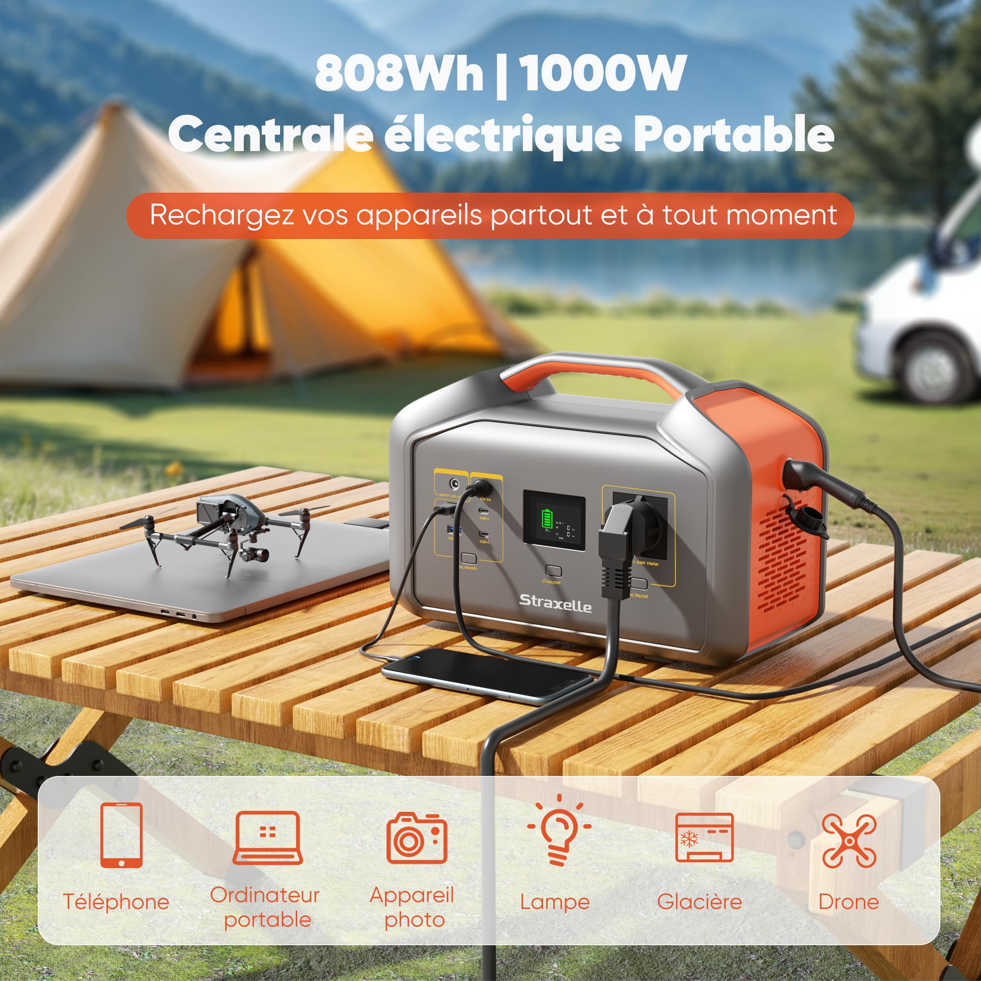 Generateur Électrique Portable 1000W(pic 2000W) Station Électrique Portable Solaire 808.08Wh Power Station avec écran LCD/Portes USB-A/C pour Extérieur,Garage,Voyage,Camping,Jardin,Urgence