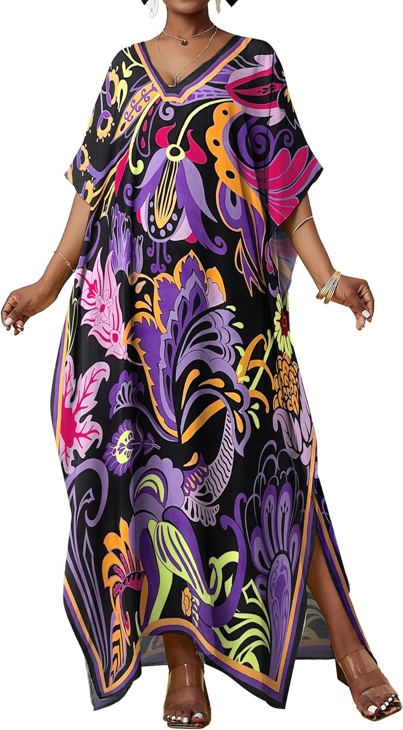 Women ethnic print Vneck caftan dress for beach coverup