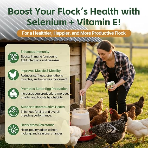 Selenium and Vitamin E Powder for Chickens Boost Immunity, Muscle Support & Reproductive Health, Selenium for Chickens to Prevent Wry Neck & Improve Egg Production, Chicken Vitamins for All Poultry