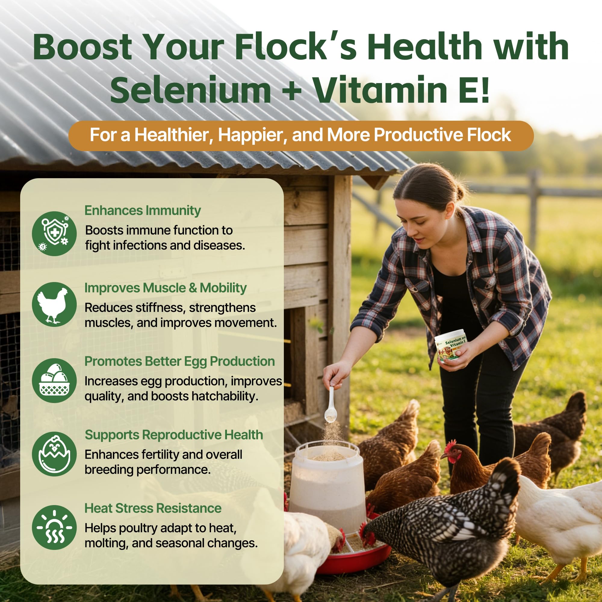 Selenium and Vitamin E Powder for Chickens – Boost Immunity, Muscle Support & Reproductive Health, Selenium for Chickens to Prevent Wry Neck & Improve Egg Production, Chicken Vitamins for All Poultry — Amazon image 2