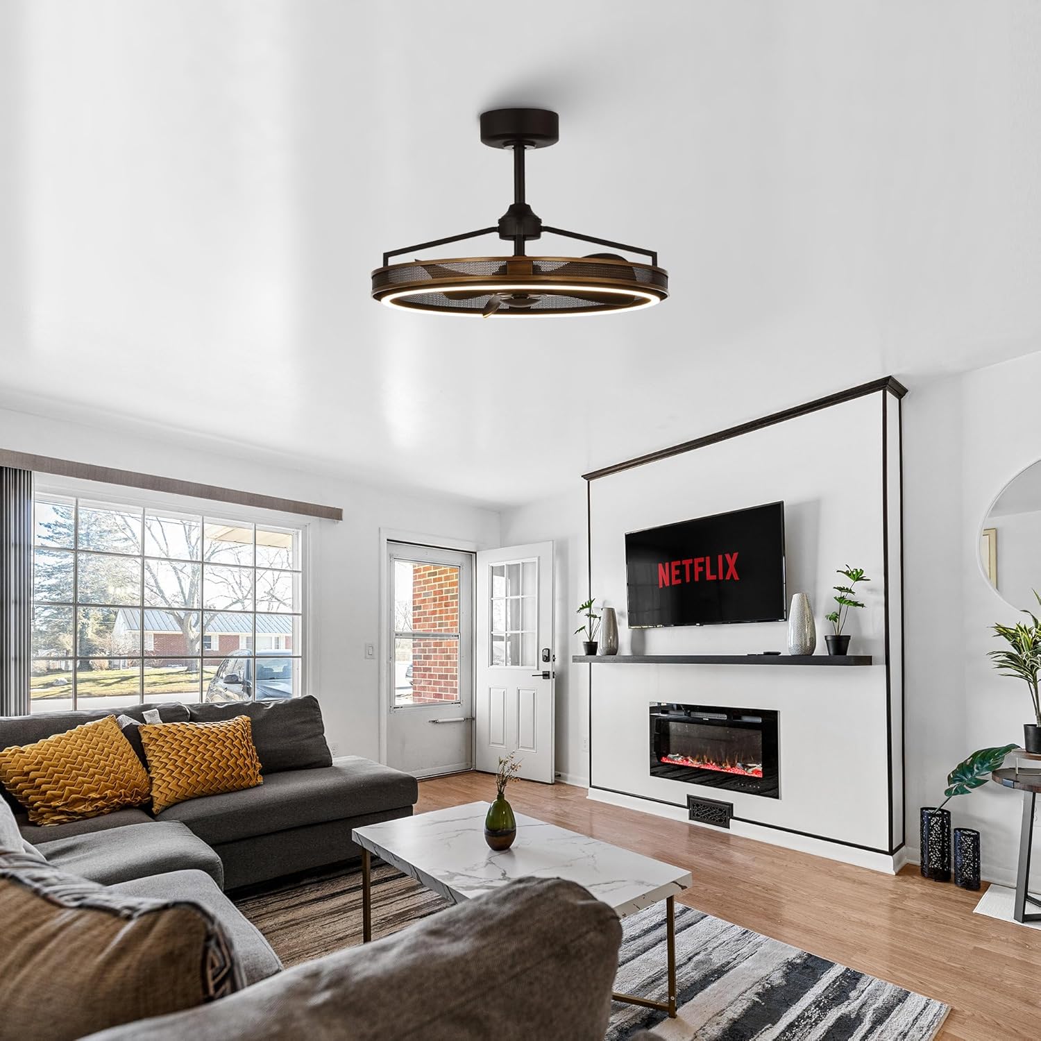 Parrot Uncle F8277 ceiling fan installed in a living room, complementing the decor.