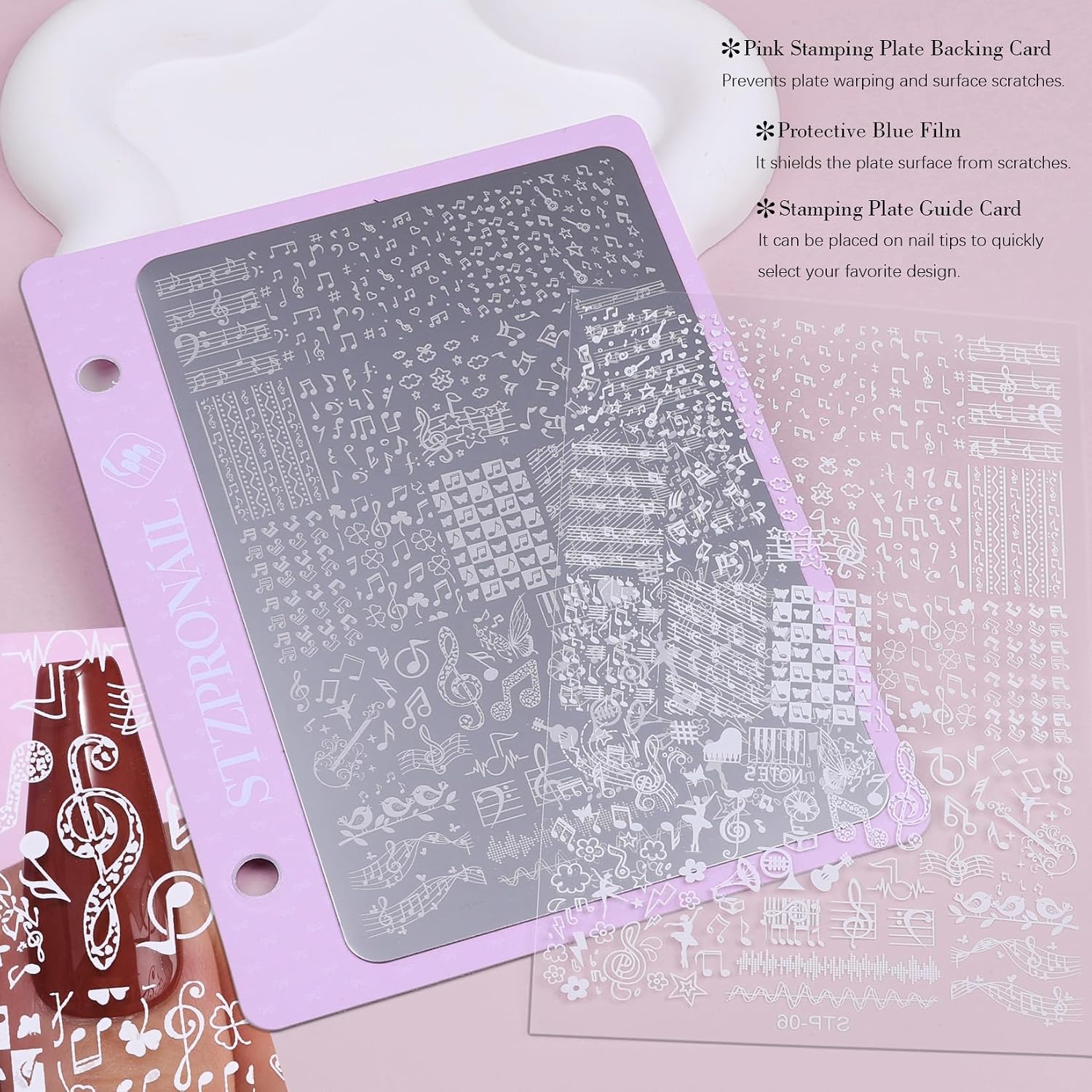 Nail Stamping Plates Kit 2pcs Lace & Music Note Stainless Steel Nail Art Templates with 2 Storage Rings DIY Manicure Transfer Tool for Gothic & Music Themed Nail Art Stencils Supplies Accessorie Tools