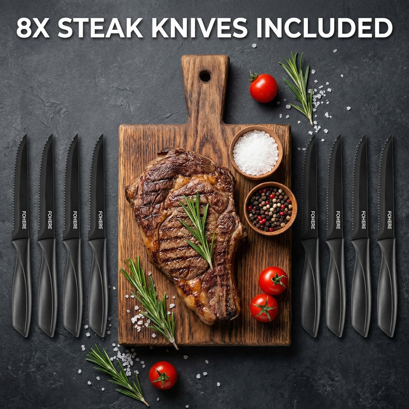 FOHERE Juego de 8 cuchillos de carne, cuchillos de carne negros dentados, cuchillos de cocina de acero inoxidable, ideal para comida de Navidad, Nochevieja y lavable en lavavajillas