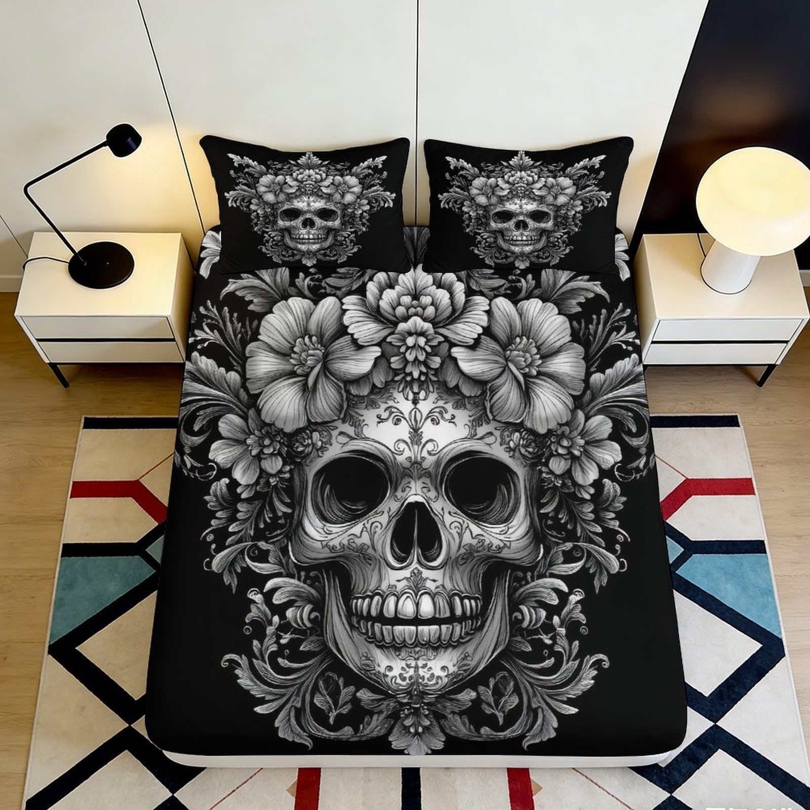Jqzkxnhpbr Style-2 3D Printed Skull Floral Fitted Sheet Microfiber Black Gothic Bed Cover For Bedroom Guest Room Dorm Mattress Protection Decor 90X200x25cm