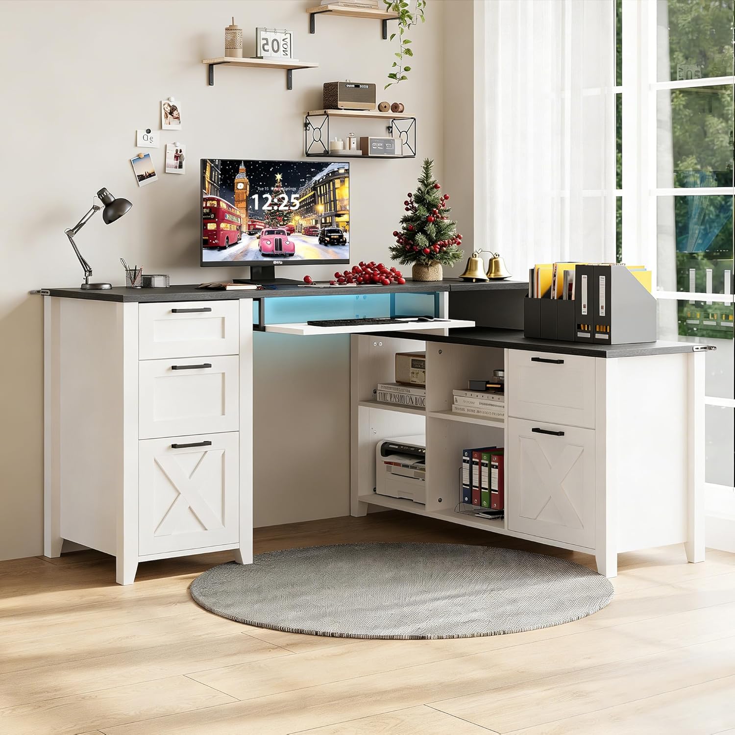 HOPUBUY Farmhouse L Shaped Executive Desk with Drawers, 59''Home Office Corner Desks with Charging Station,File Cabinets,Storage Compartments Wood Computer Desk Writing Table w/Keyboard Tray,White