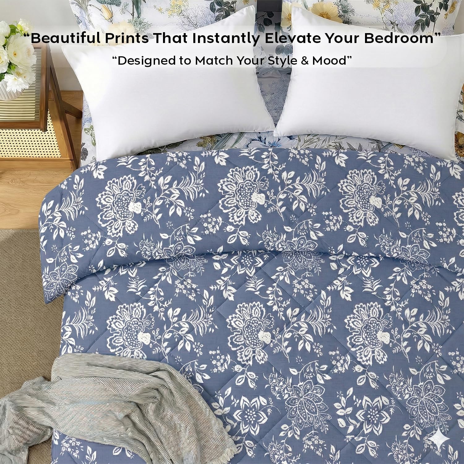 AYKA Reversible AC Comforter 150 GSM Microfiber Summer Blanket Double Bed (90x100 Inches) | Printed Floral Design Cooling Quilt for AC Room | Soft Breathable Duvet Blue & White 4