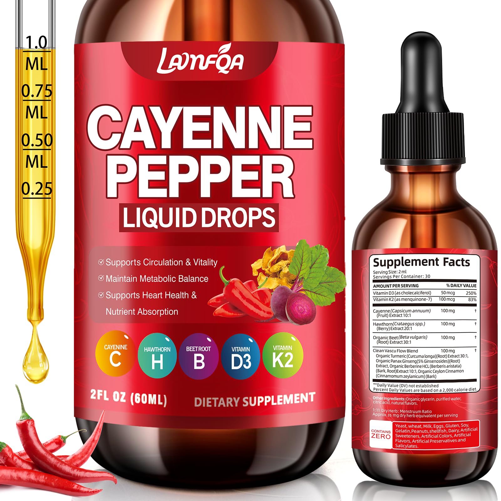 Cayenne Pepper Liquid Drops - Potent Blend with Hawthorn Berry, Turmeric Curcumin, Vitamin D3 K2, Beet Root & Panax Ginseng - Vegan, Non-GMO, High Absorbed Gentle Formula - 2 OZ 2 Fl Oz (Pack of 1)
