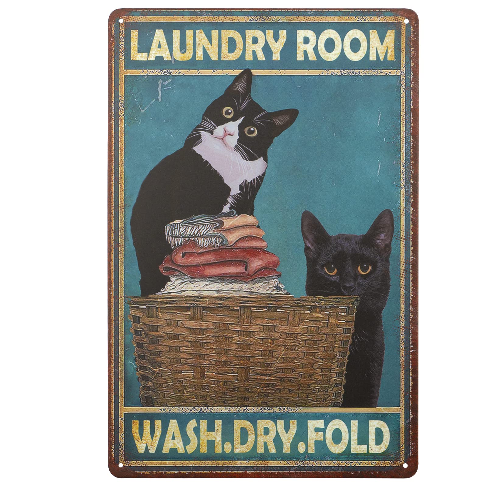SUPERDANT Vintage Black Cat Laundry Tin Sign - 20x30cm Retro Metal Poster For Laundry Room Decor