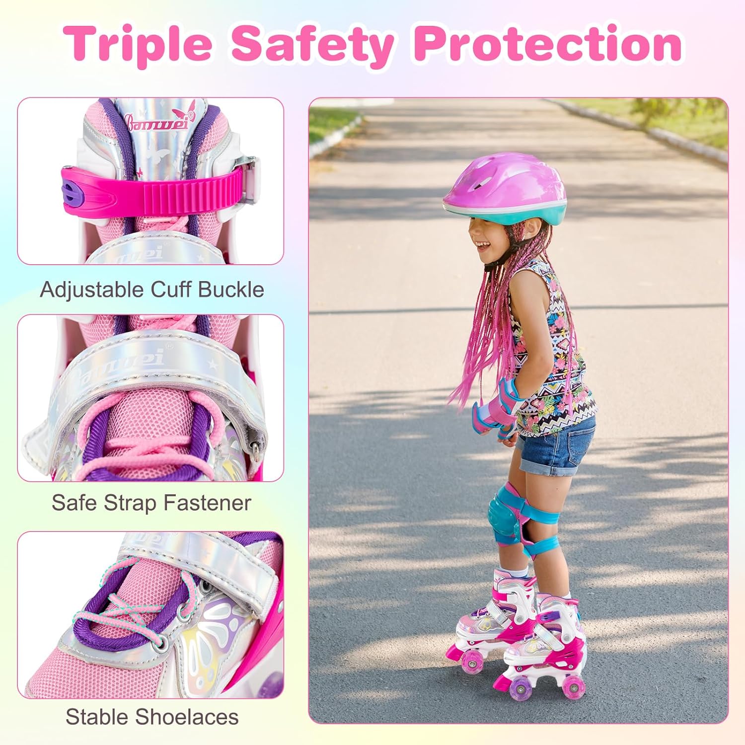 BABY JOY Roller Skates, 4 Sizes Adjustable Quad Skates for Girls Teens Adults 5-8 8-13 13+ with Light-up Wheels & Safety Protection, Fun Illuminating Birthday Gifts for Indoor Outdoor Sports