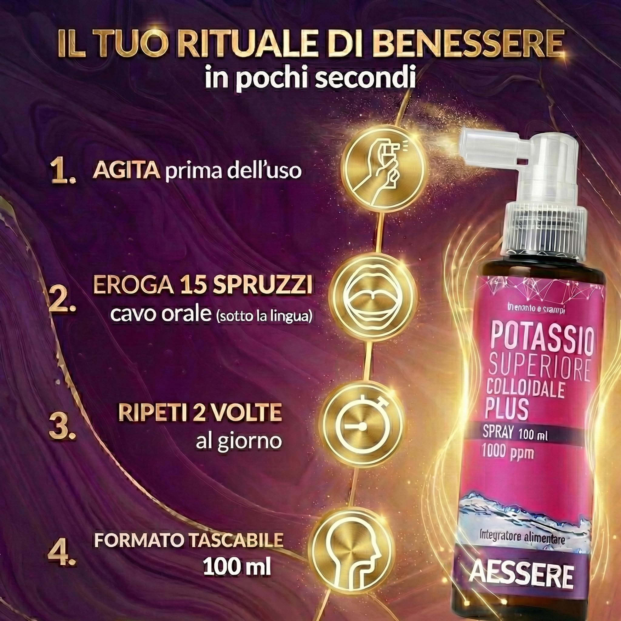 Potassio Colloidale Spray - Integratore di Potassio Plus ad Alta Biodisponibilità 1000 ppm Supporto per Crampi, Muscoli e Sistema Nervoso, Senza Zuccheri, Gusto Neutro - Made in Italy- Aessere 100ml