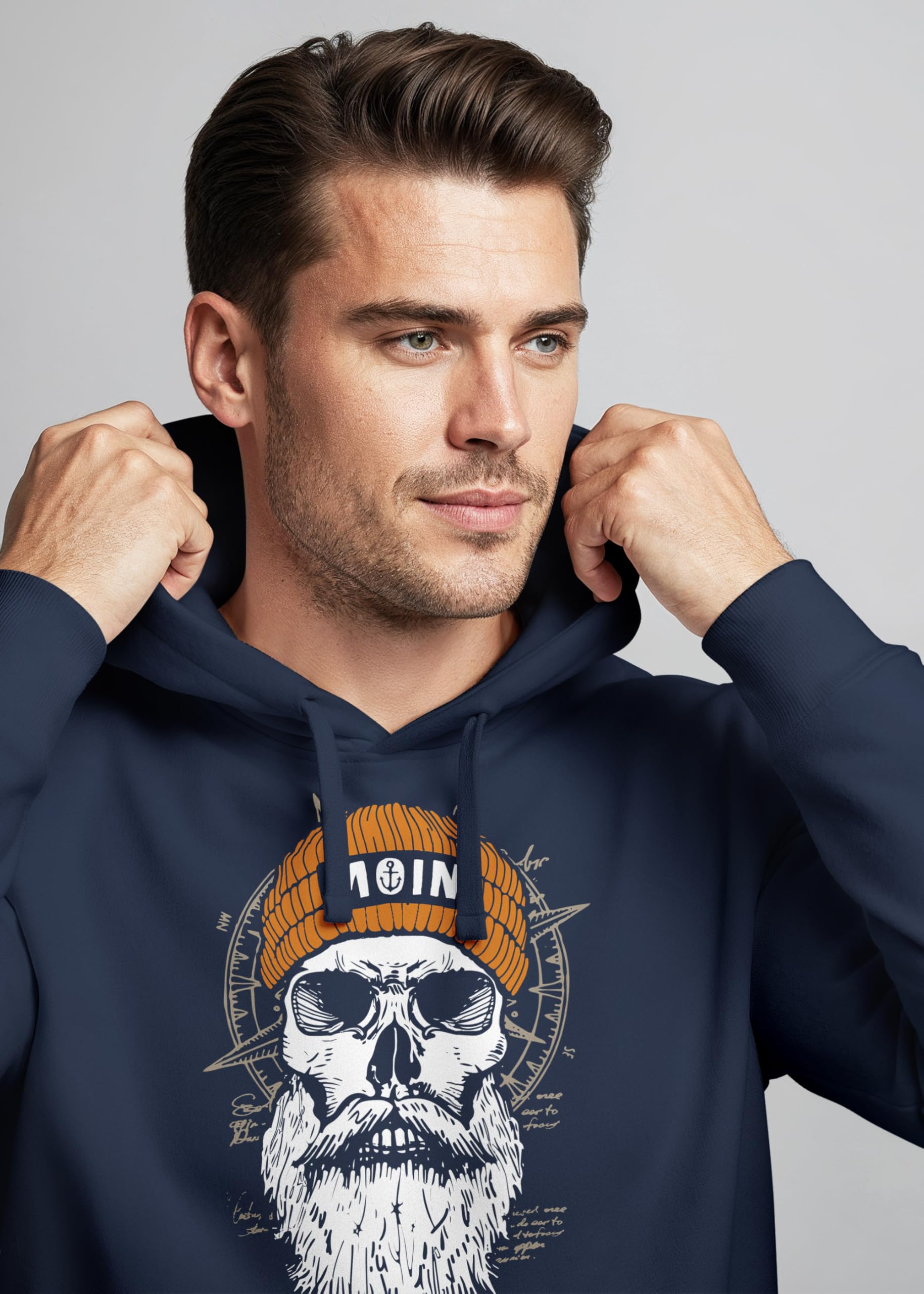 Neverless® Sudadera con capucha para hombre Moin Skull Windrose Brújula Calavera Estampado Frontal Hombres Moda Estilo Calle
