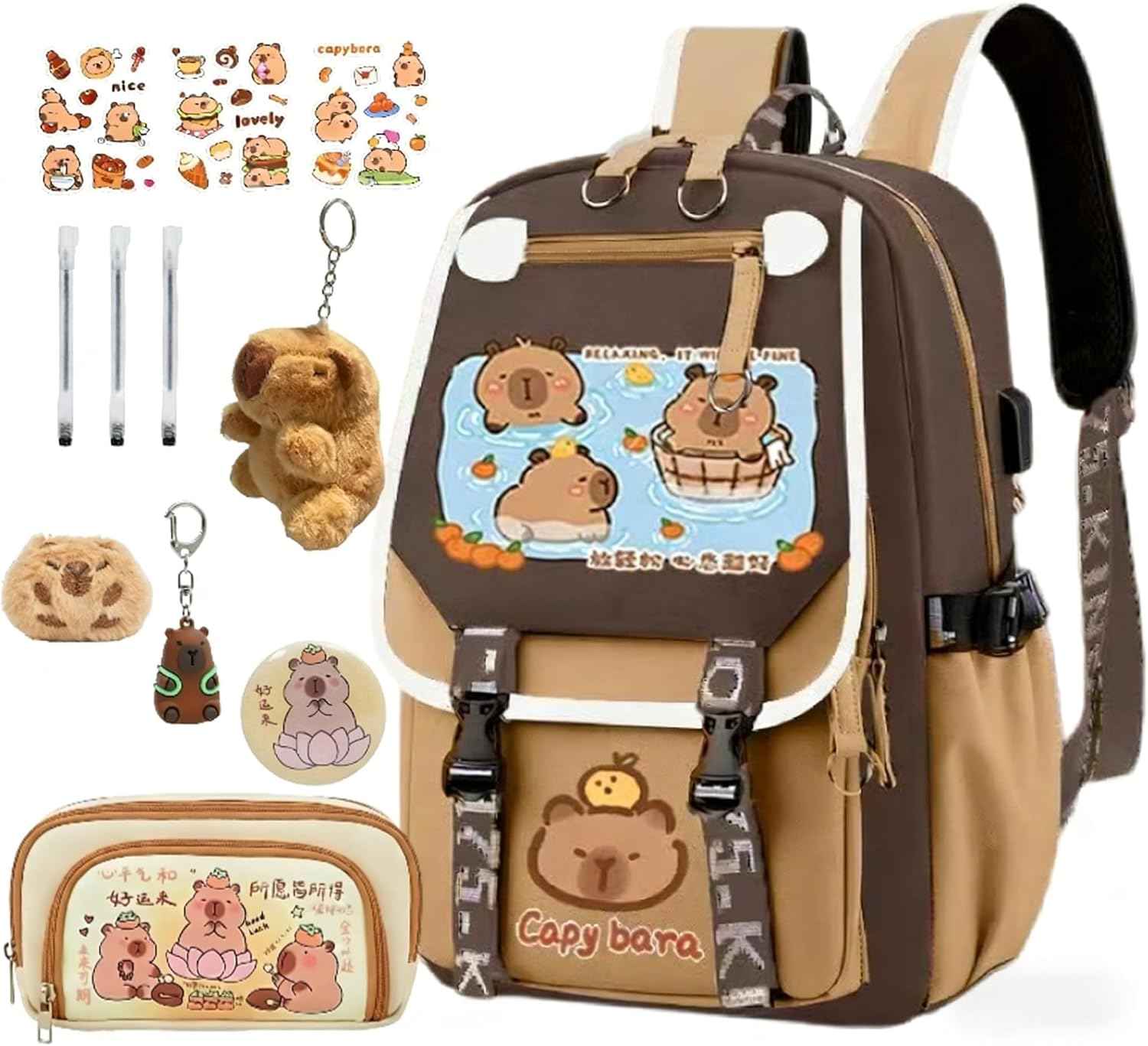 Kapibara Capybara Cartoon Backpack Gift Large Capacity Waterproof Kapibara stuff kawaii backpack with pins and Accessories (Pattern 2)