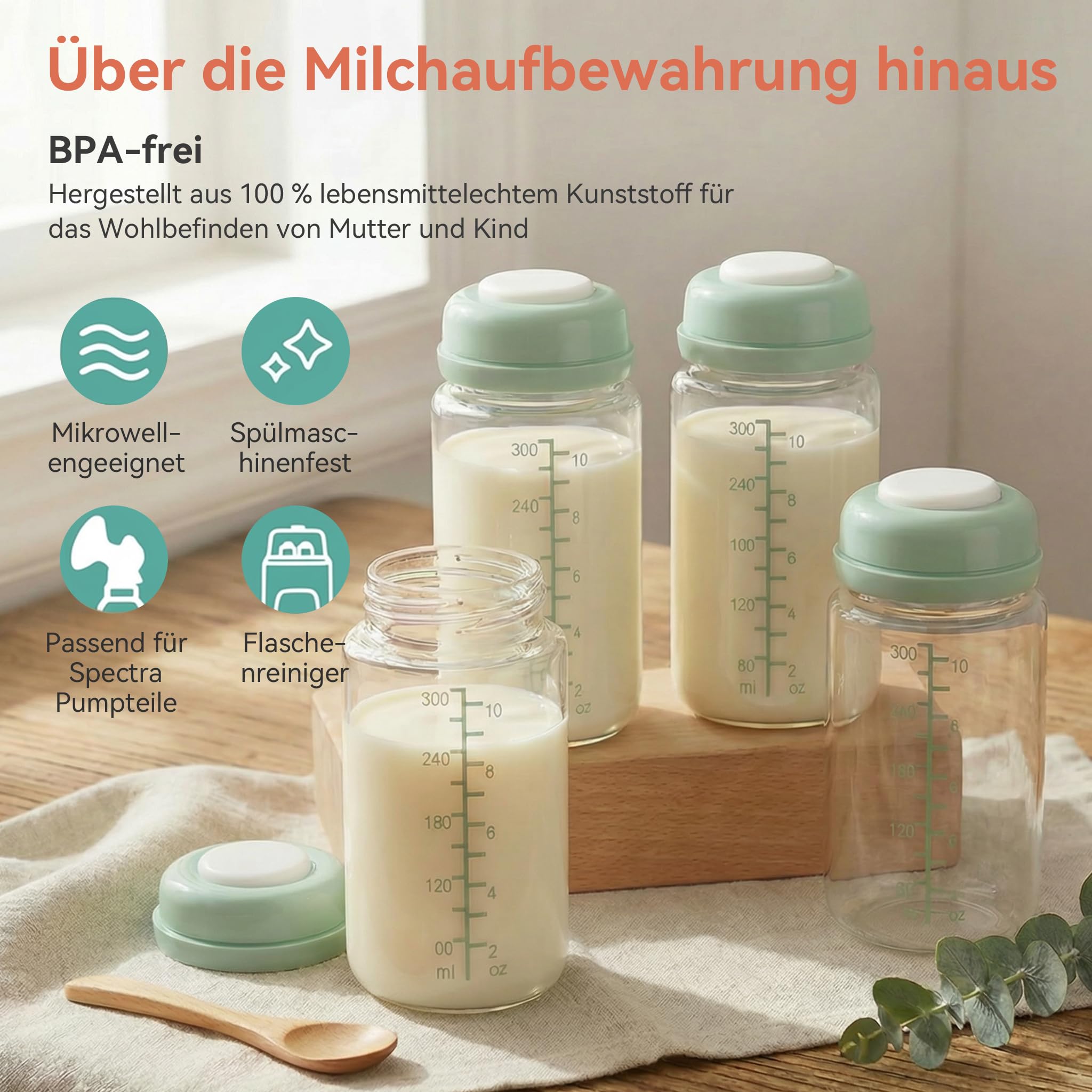 4 Pack 300ml Muttermilch-Aufbewahrungsflaschen für Momcozy 650ml Kühlbox.Auslaufsichere Weithals-Pumpflaschen kompatibel mit Spectra S1 S2 9 Plus SG Motif Luna (Grüne)