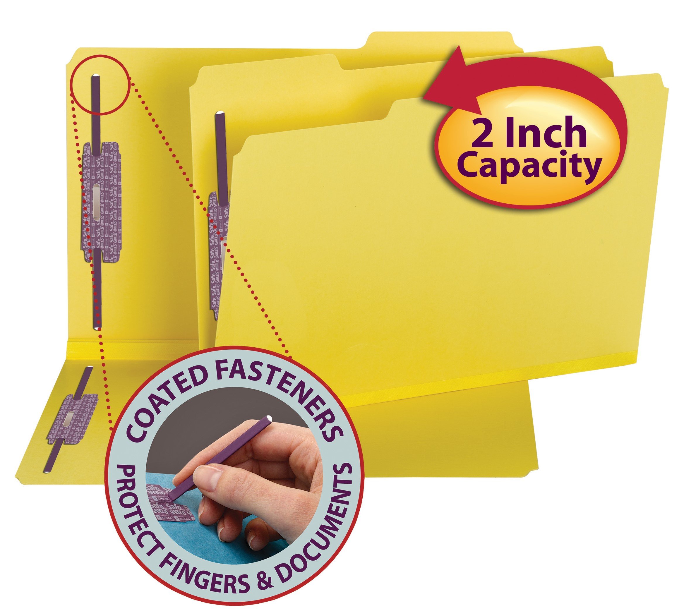 Smead Cartella portadocumenti con chiusura SafeSHIELD, 2 elementi di fissaggio, linguetta da 1/3, espansione di 2 pollici, dimensioni legali, giallo, 25 per scatola (19939)