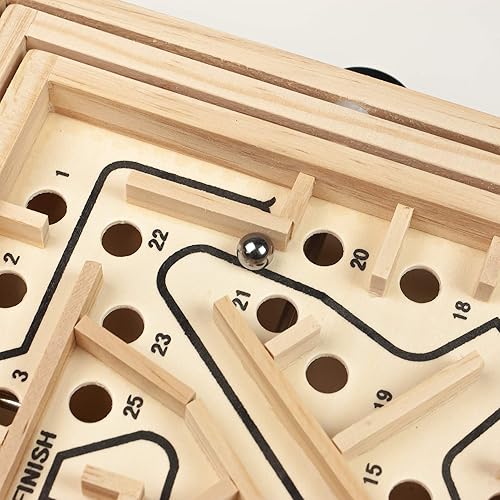 Miniatura 5 de STERLING Games 25 Waypoint Laberinto de madera de 7.5 x 7.5 pulgadas, tamaño de viaje, bola de mármol, laberinto inclinable, juego de madera para 6